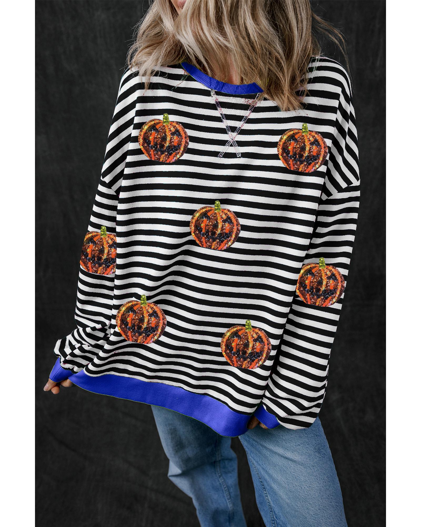 Black Stripe Funny Halloween Pumpkin Face Pattern Oversize Sweatshirt - Image 3