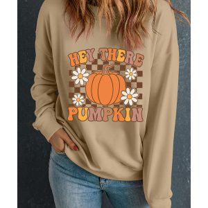 Khaki Floral Checkered Pumpkin Graphic Drop Shoulder Thanksgiving Sweatshirt