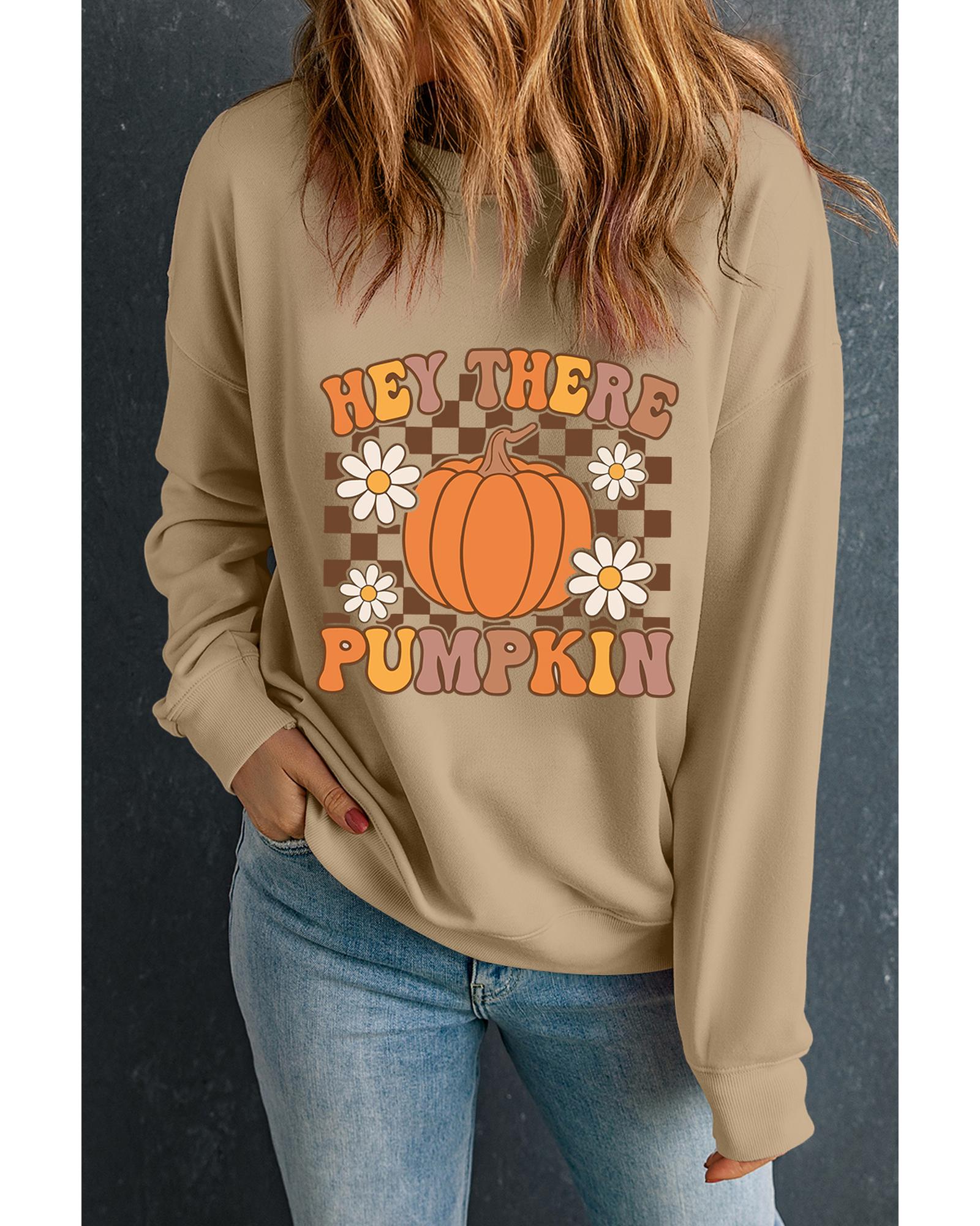 Khaki Floral Checkered Pumpkin Graphic Drop Shoulder Thanksgiving Sweatshirt