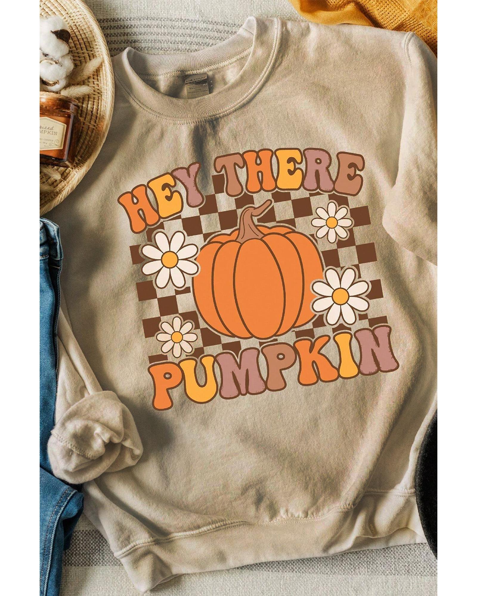 Khaki Floral Checkered Pumpkin Graphic Drop Shoulder Thanksgiving Sweatshirt - Image 2