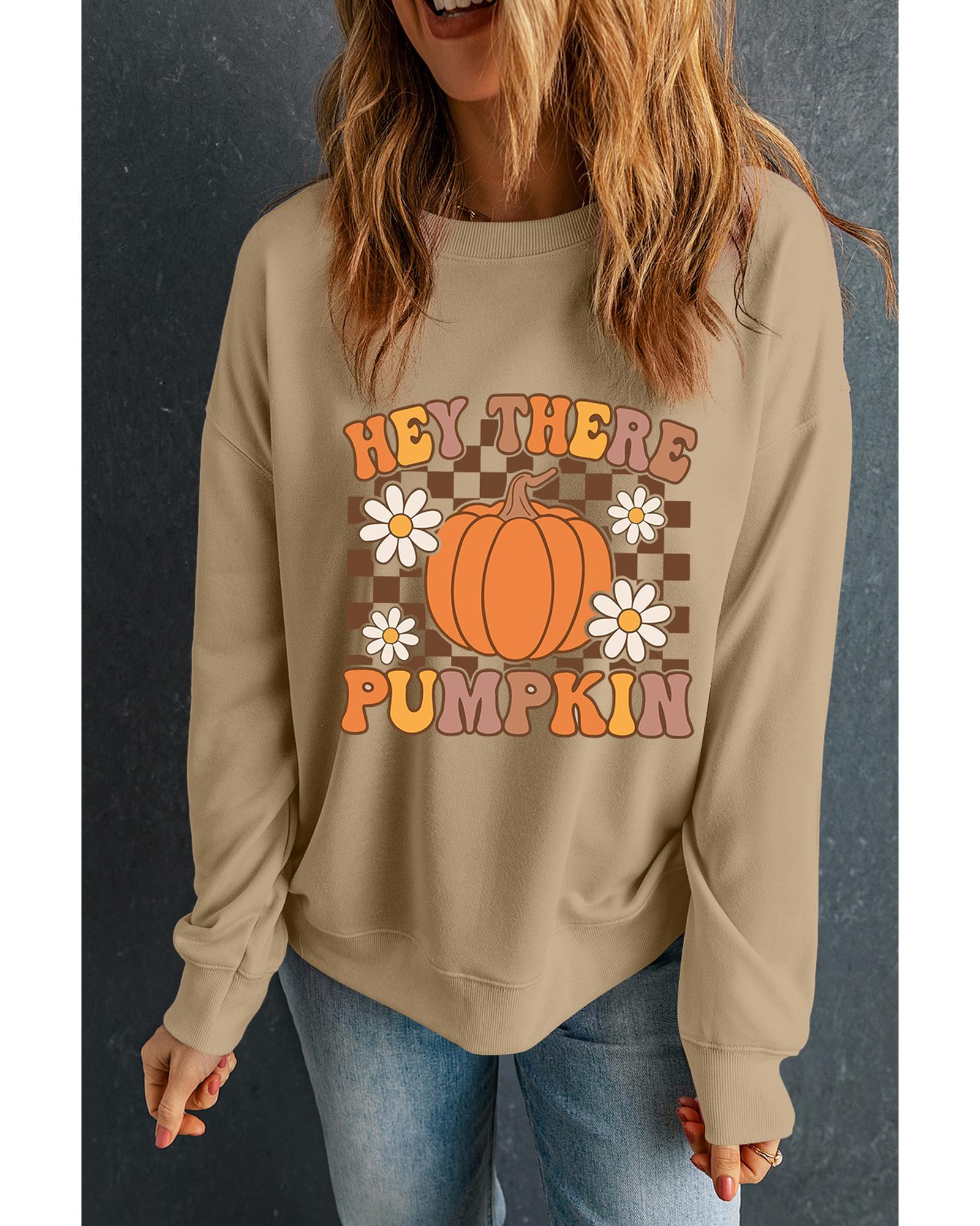 Khaki Floral Checkered Pumpkin Graphic Drop Shoulder Thanksgiving Sweatshirt - Image 3