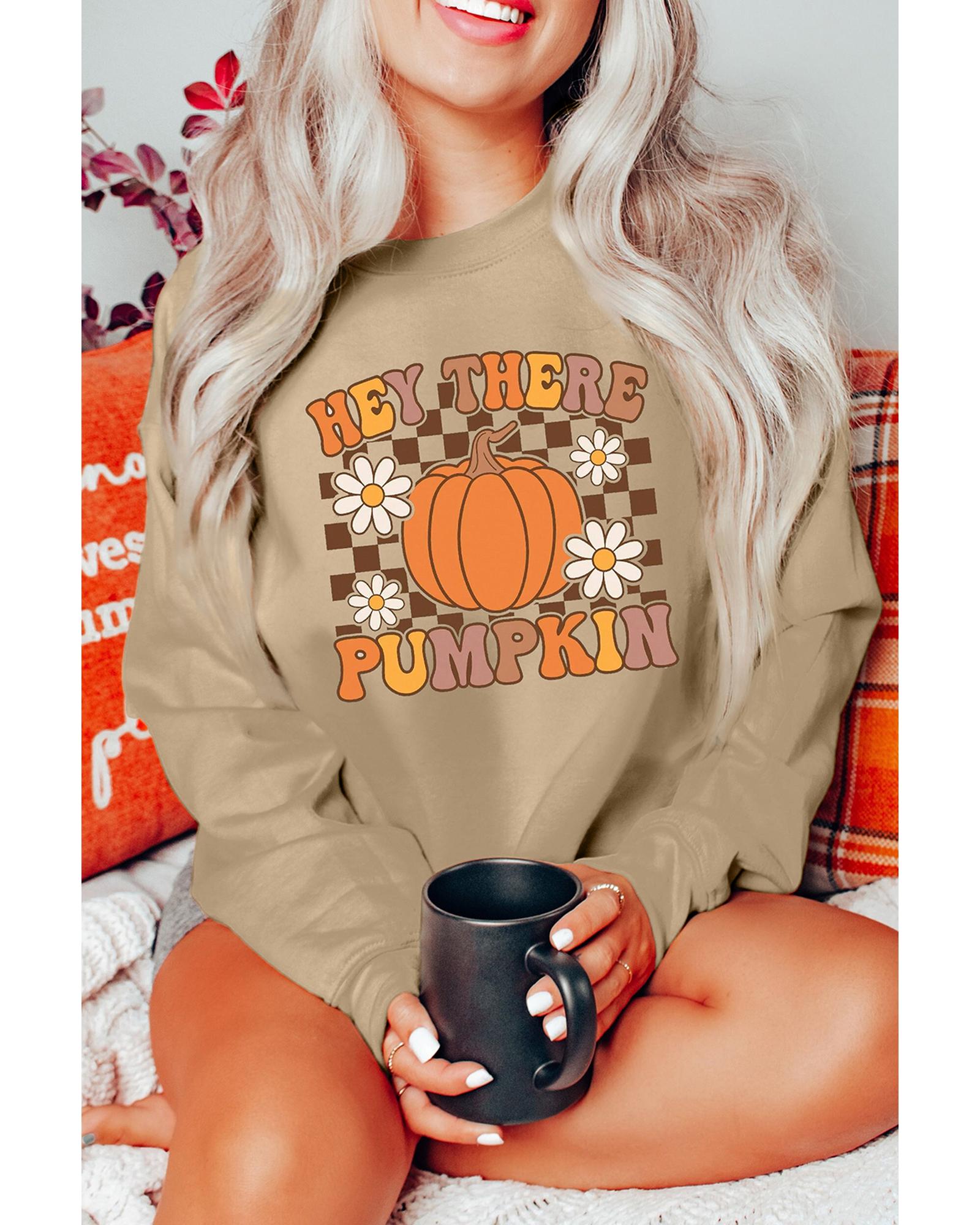 Khaki Floral Checkered Pumpkin Graphic Drop Shoulder Thanksgiving Sweatshirt - Image 5