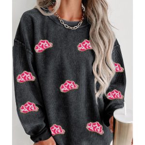 Black Glittering Cowboy Hat Patched Corded Pullover Sweatshirt