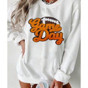 White Chenille Game Day Rugby Football Pattern Pullover Sweatshirt