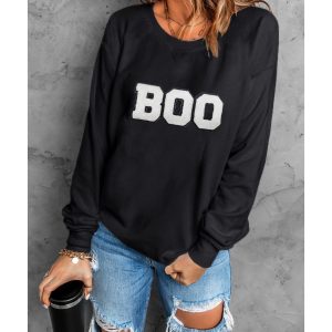 Black Chenille BOO Patched Pattern Crewneck Halloween Sweatshirt