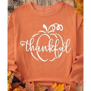 Orange Pumpkin thankful Graphic Corded Thanksgiving Sweatshirt