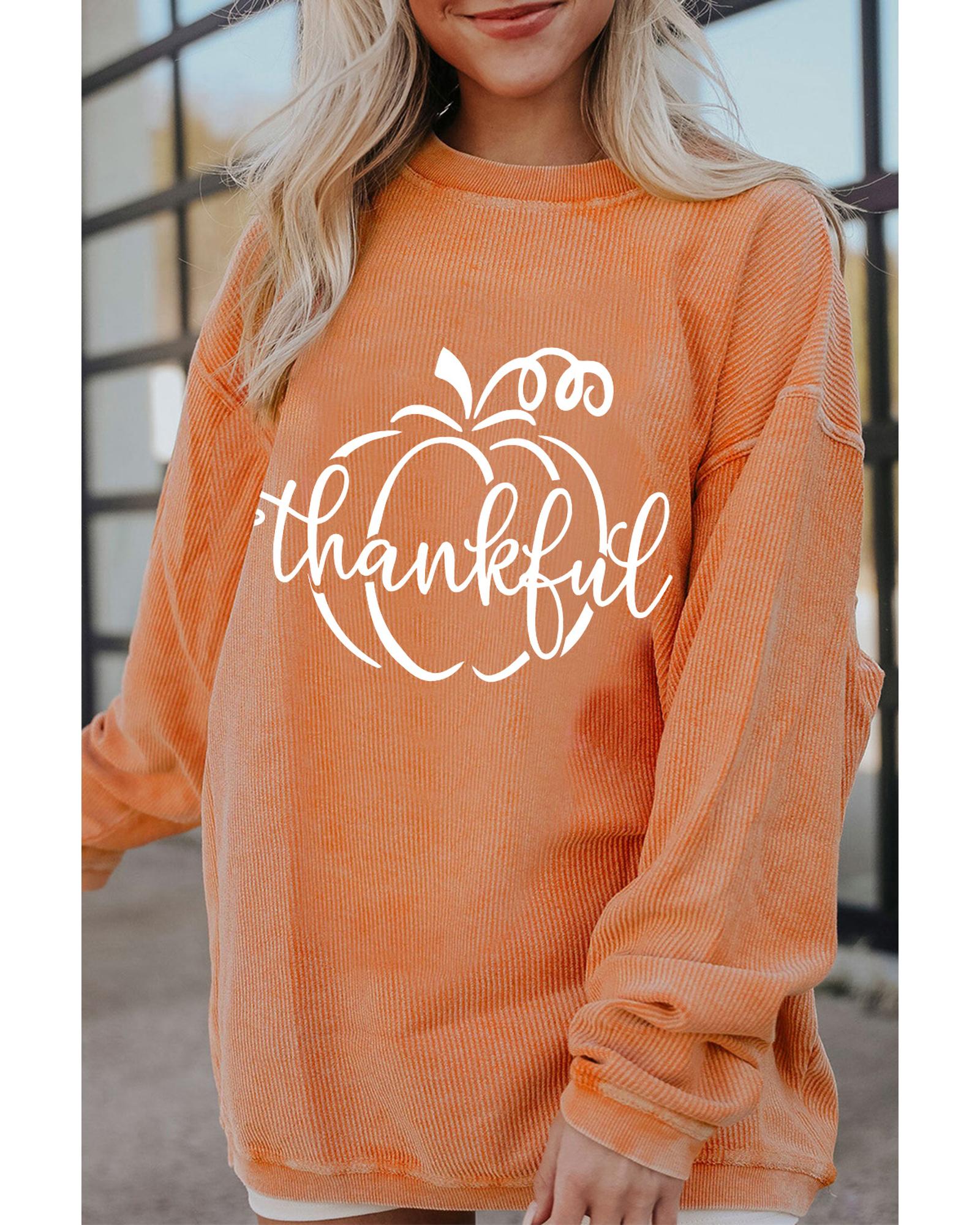 Orange Pumpkin thankful Graphic Corded Thanksgiving Sweatshirt - Image 3
