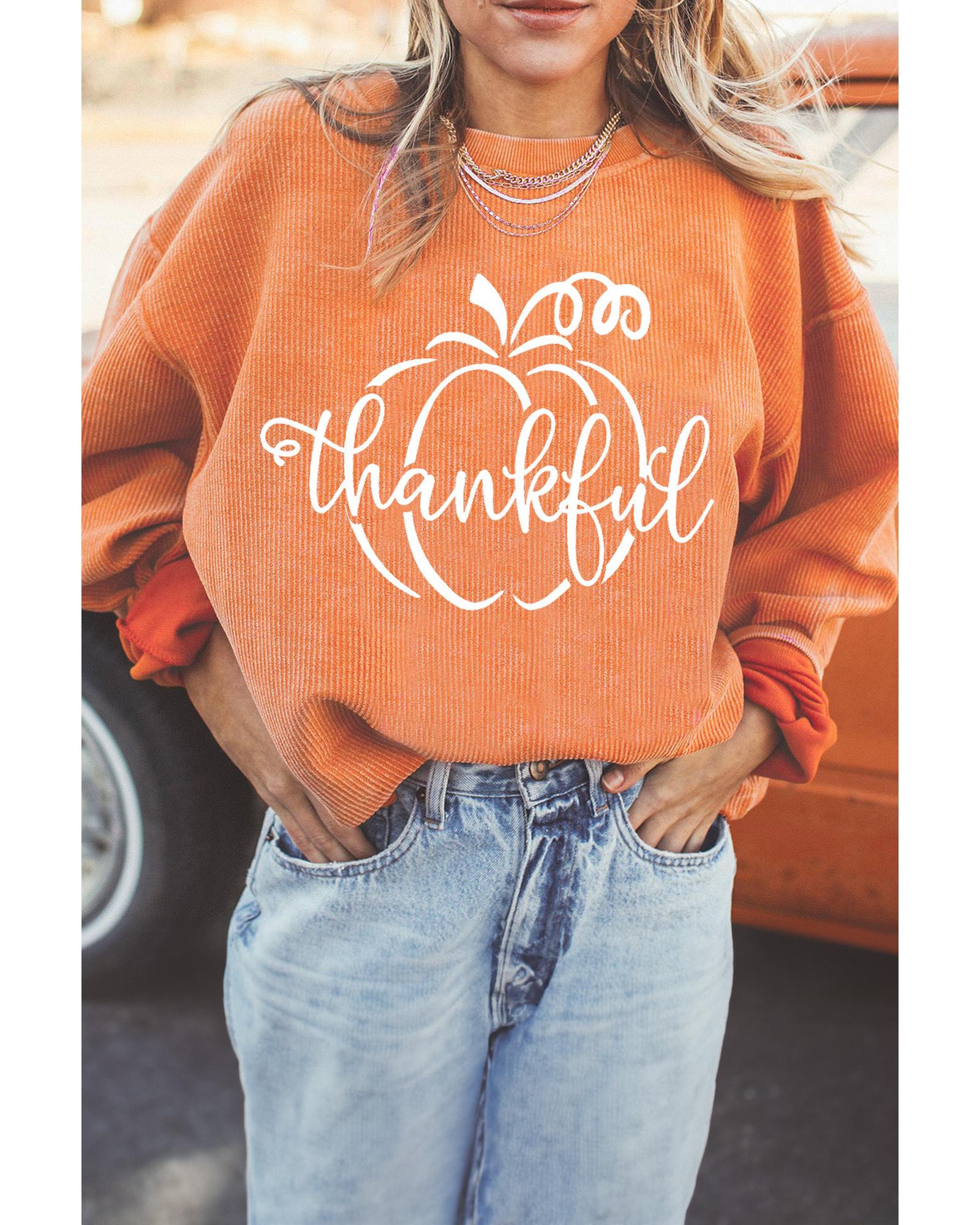 Orange Pumpkin thankful Graphic Corded Thanksgiving Sweatshirt - Image 4