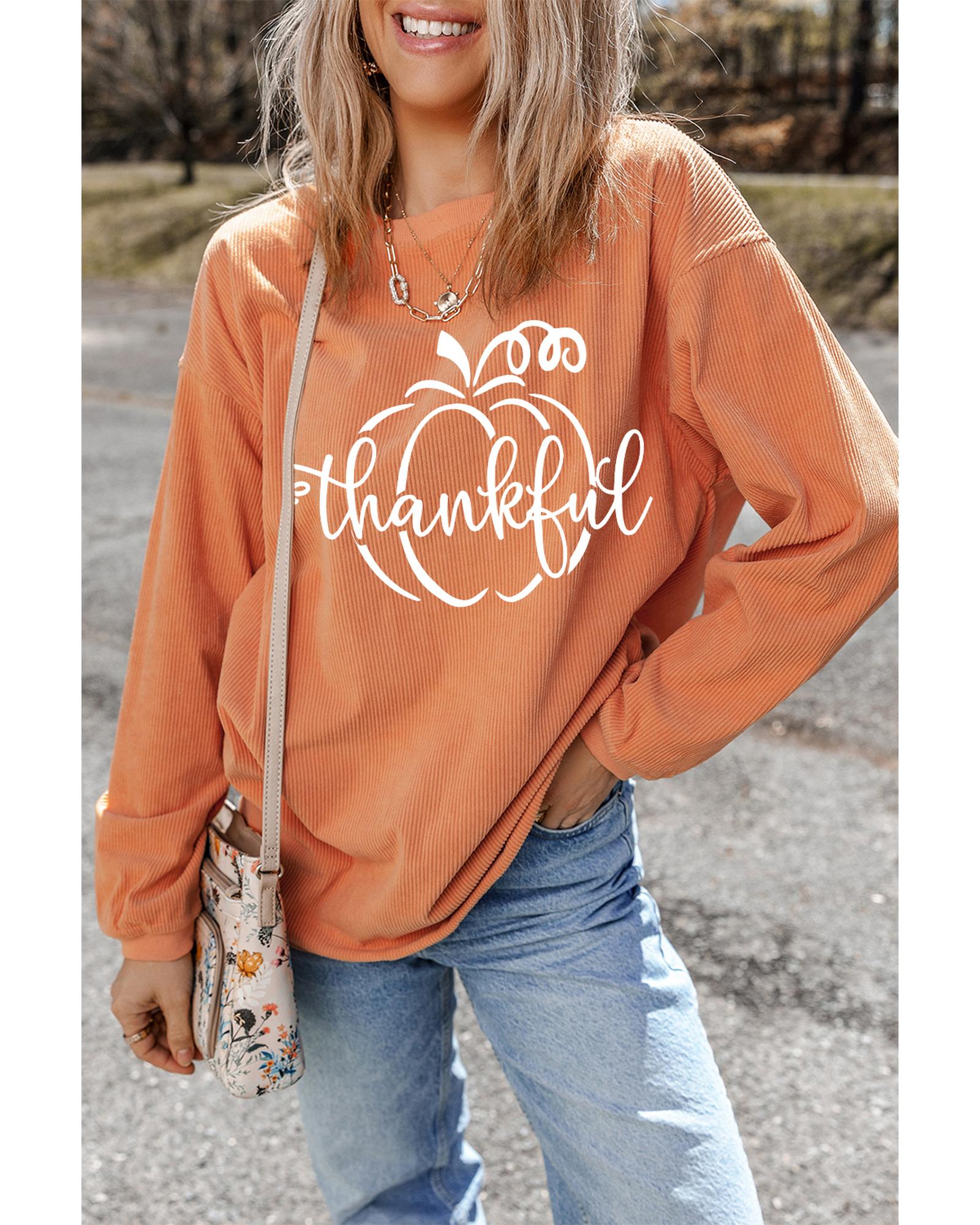 Orange Pumpkin thankful Graphic Corded Thanksgiving Sweatshirt - Image 5