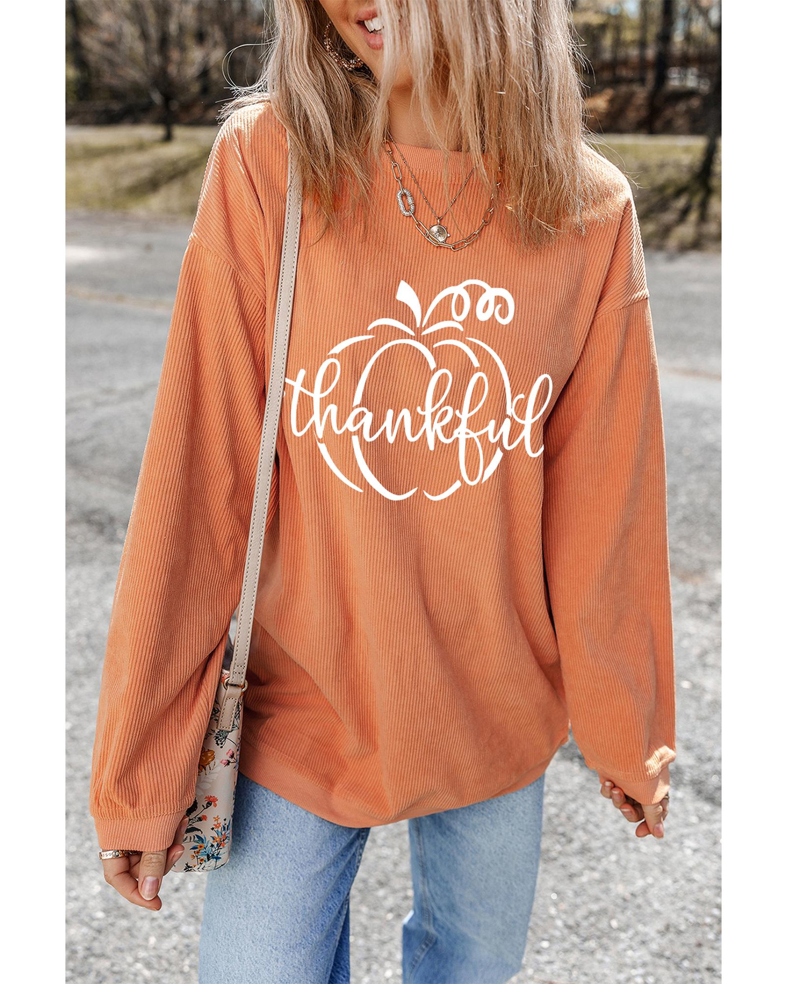 Orange Pumpkin thankful Graphic Corded Thanksgiving Sweatshirt - Image 6