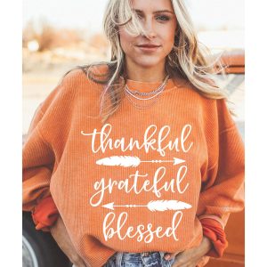 Orange thankful grateful blessed Arrow Graphic Corded Sweatshirt