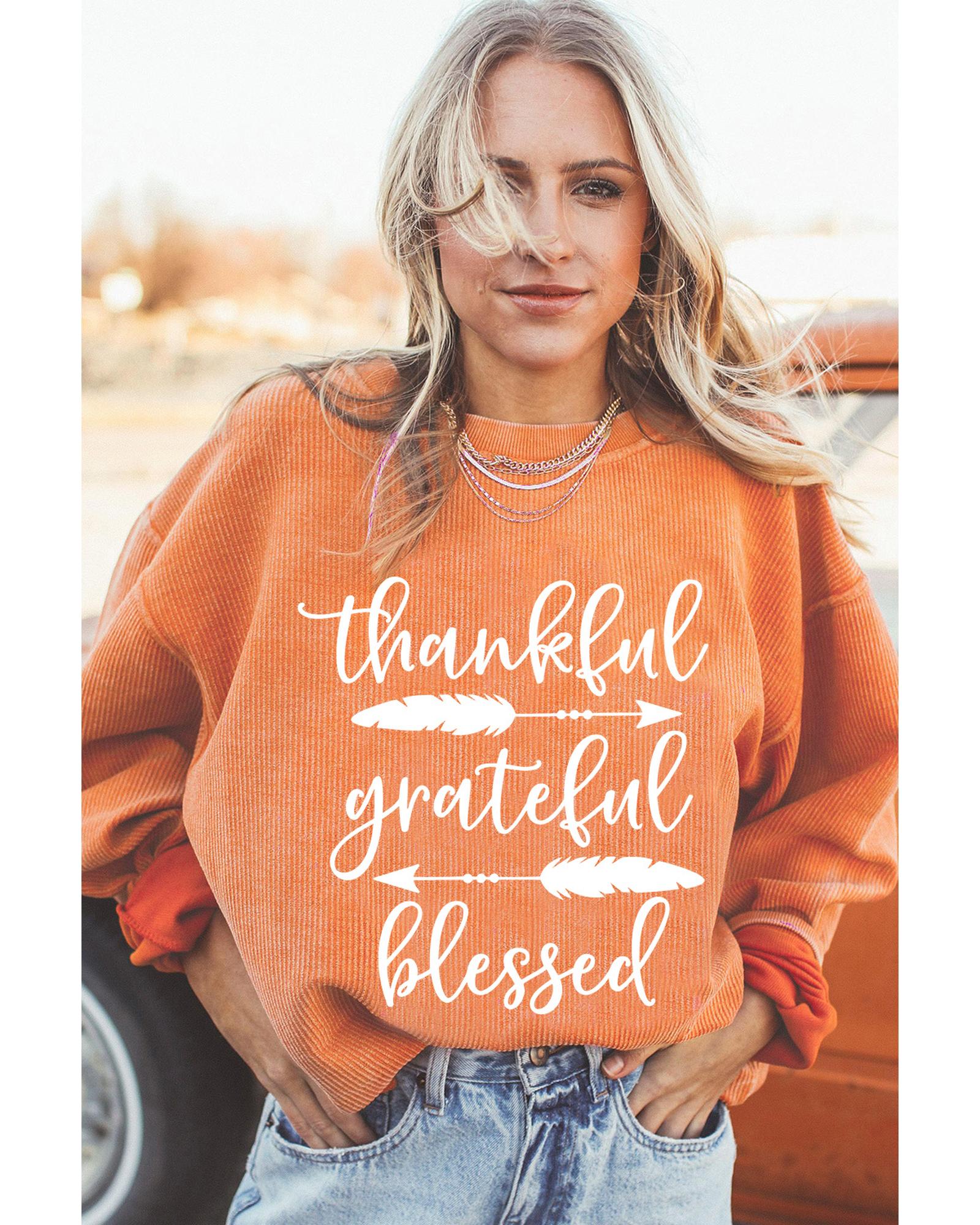 Orange thankful grateful blessed Arrow Graphic Corded Sweatshirt
