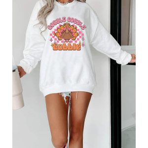 White Gobble Gobble Turkey Graphic Crewneck Thanksgiving Sweatshirt