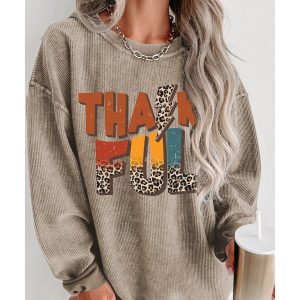 Khaki Leopard THANKFUL Graphic Corded Thanksgiving Sweatshirt
