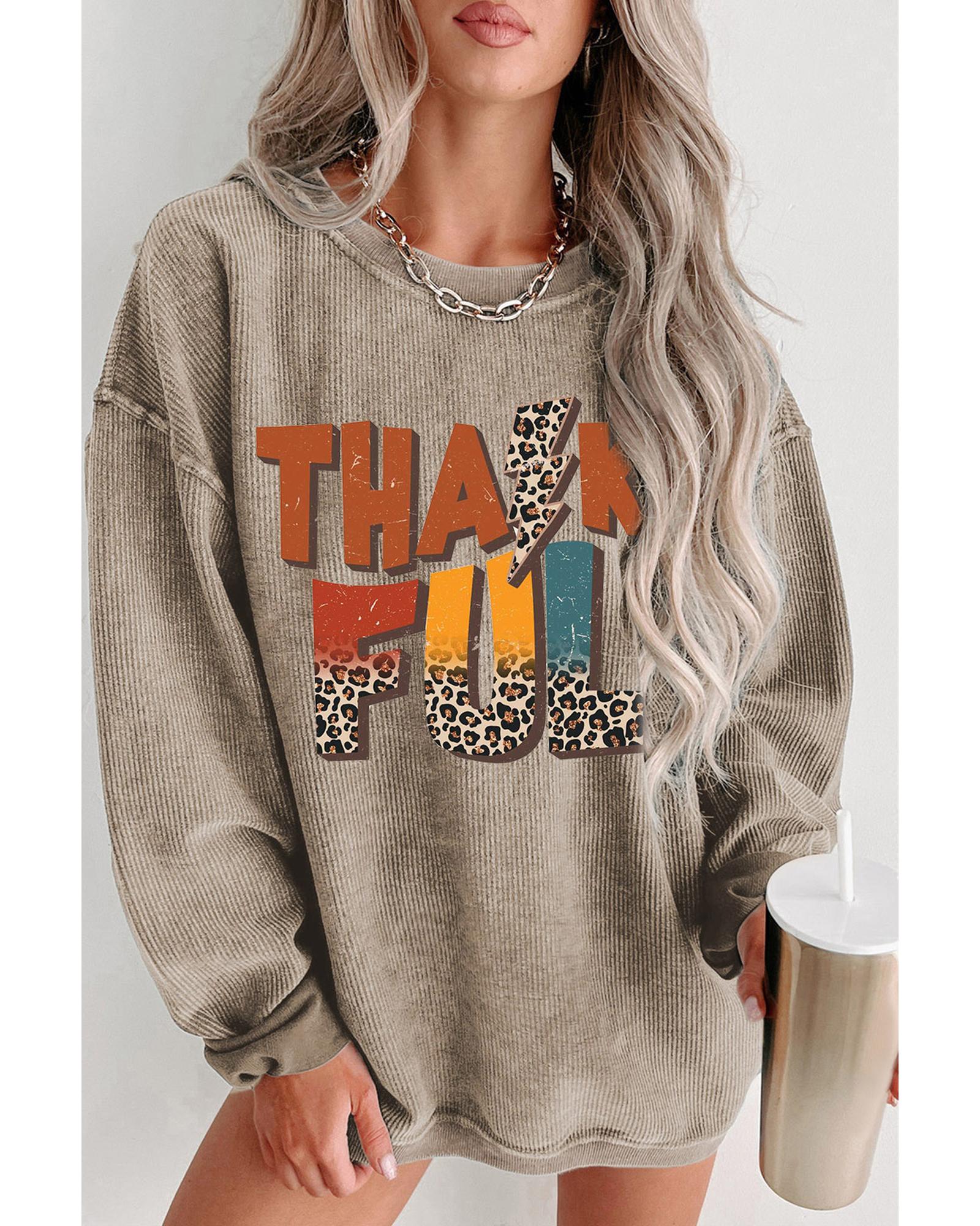 Khaki Leopard THANKFUL Graphic Corded Thanksgiving Sweatshirt