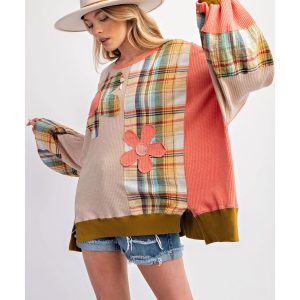 Multicolour Waffle Knit Plaid Patchwork Side Slits Loose Sweatshirt