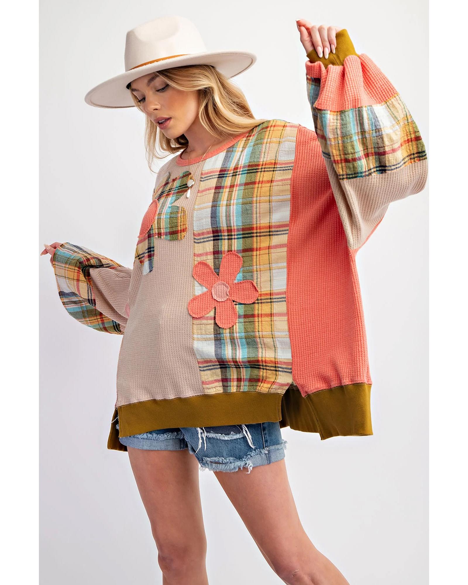 Multicolour Waffle Knit Plaid Patchwork Side Slits Loose Sweatshirt