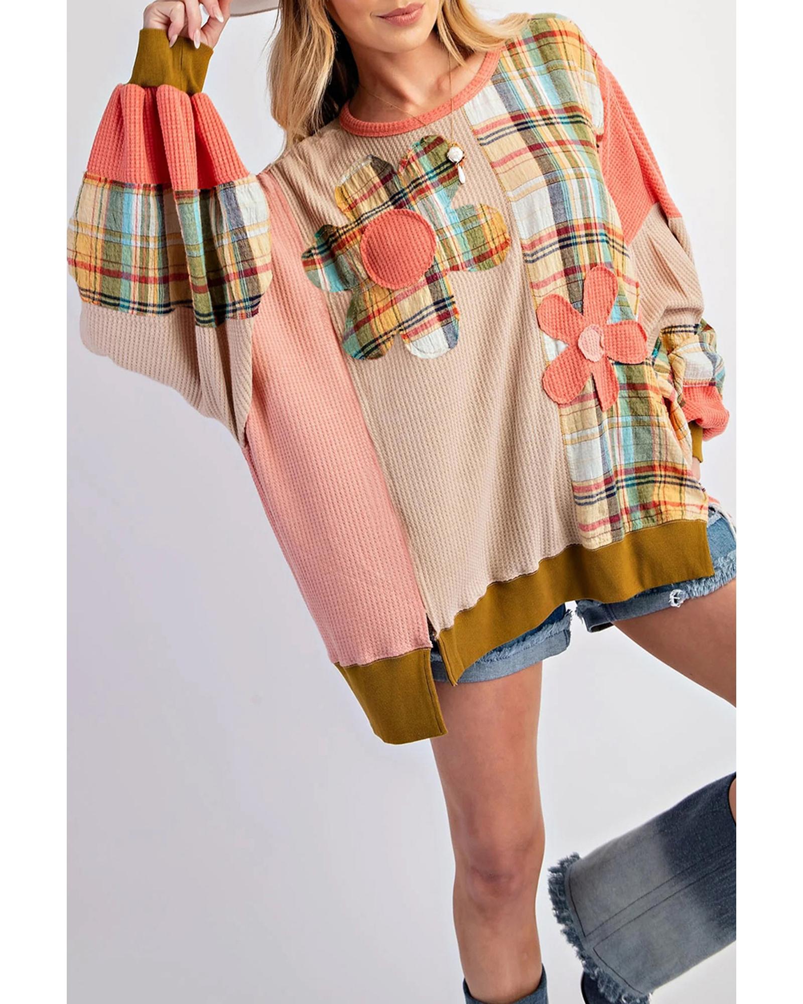 Multicolour Waffle Knit Plaid Patchwork Side Slits Loose Sweatshirt - Image 4