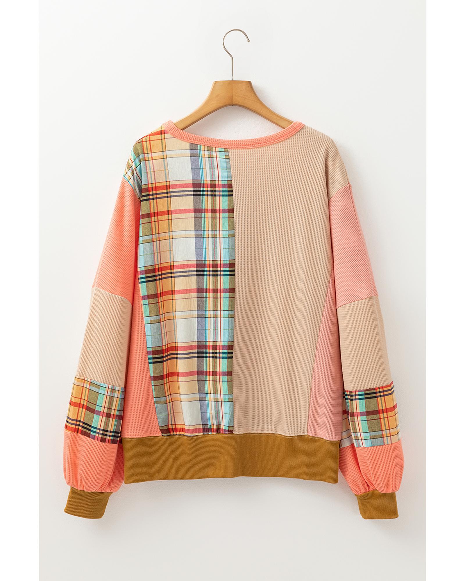 Multicolour Waffle Knit Plaid Patchwork Side Slits Loose Sweatshirt - Image 5