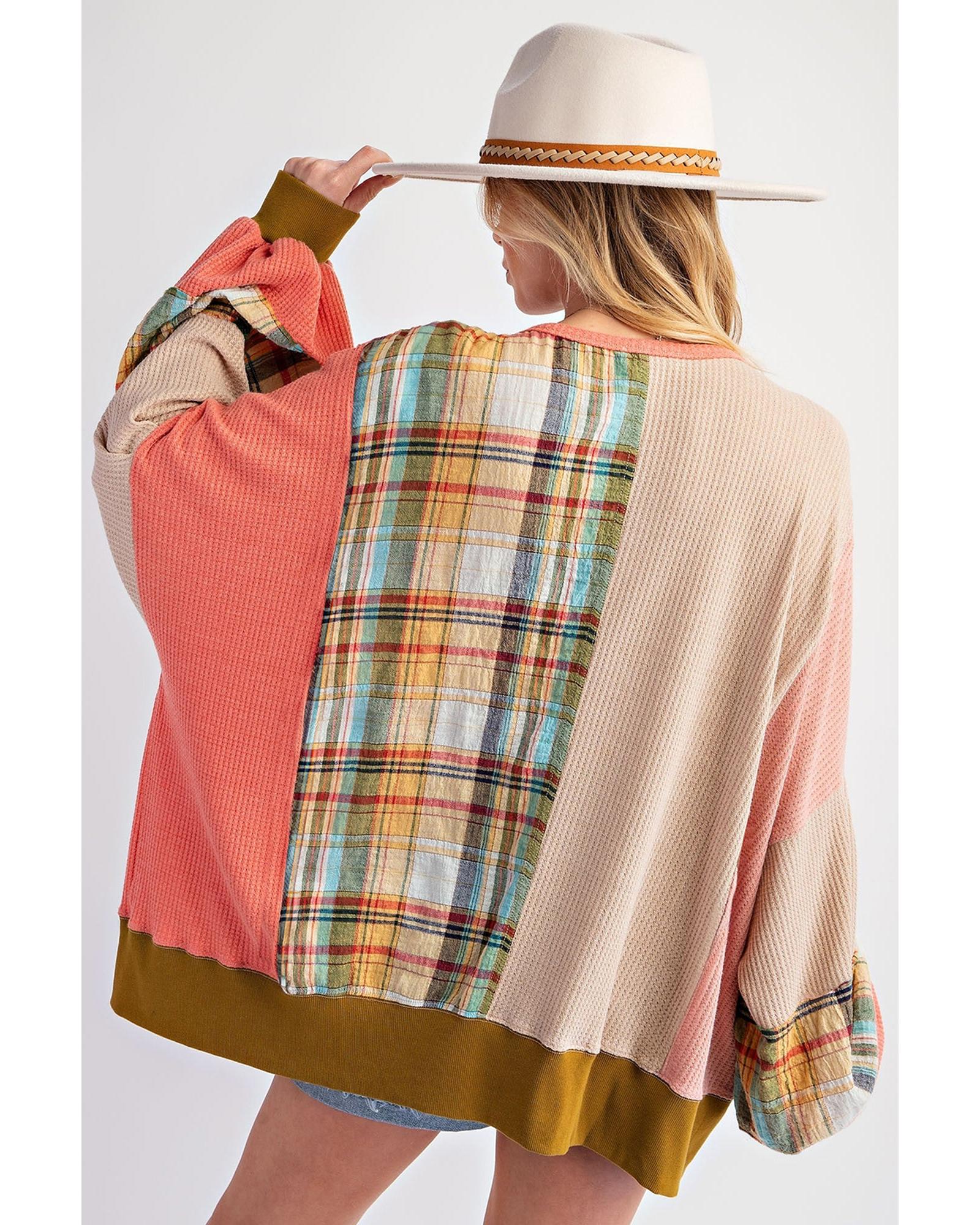 Multicolour Waffle Knit Plaid Patchwork Side Slits Loose Sweatshirt - Image 6