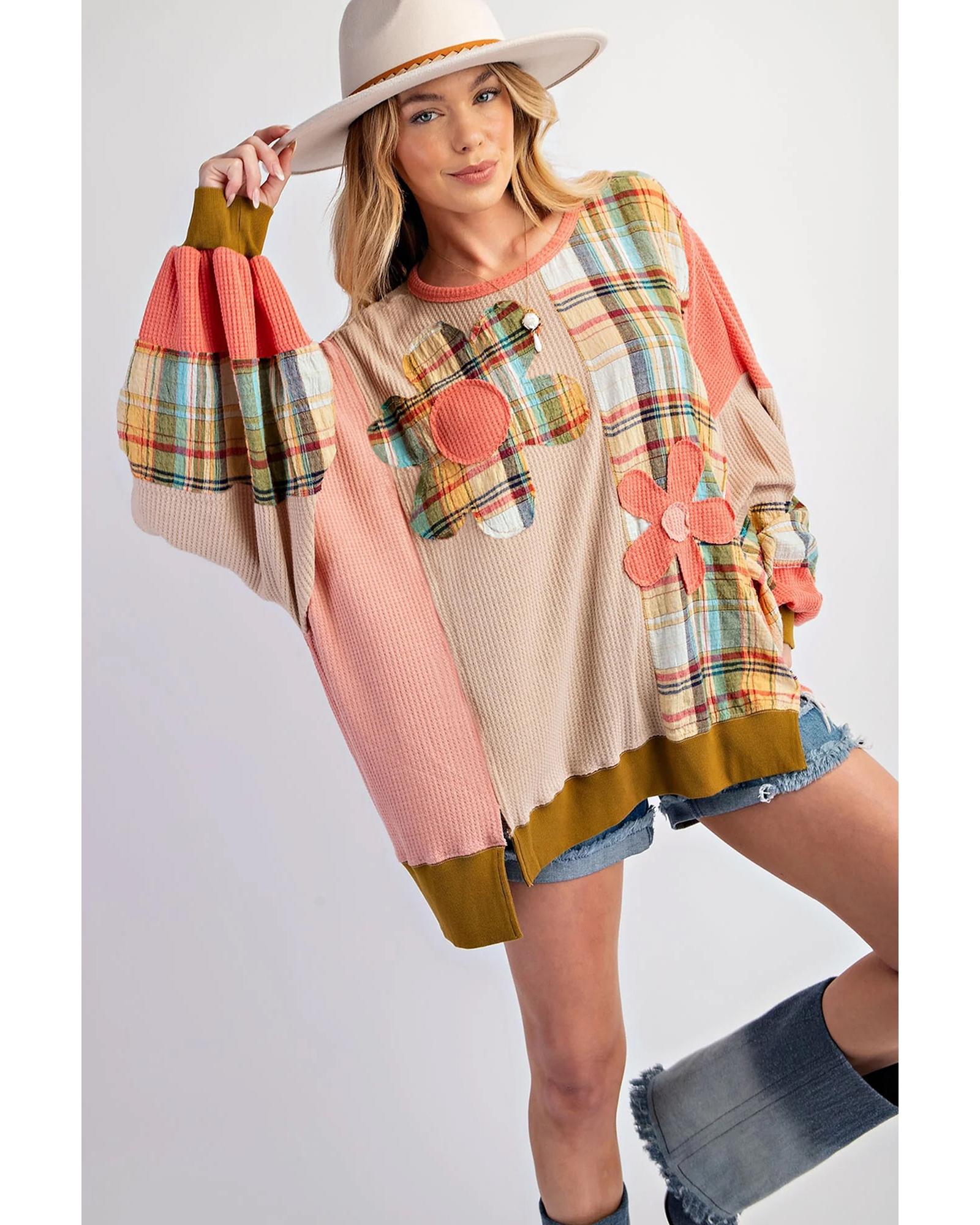 Multicolour Waffle Knit Plaid Patchwork Side Slits Loose Sweatshirt - Image 7