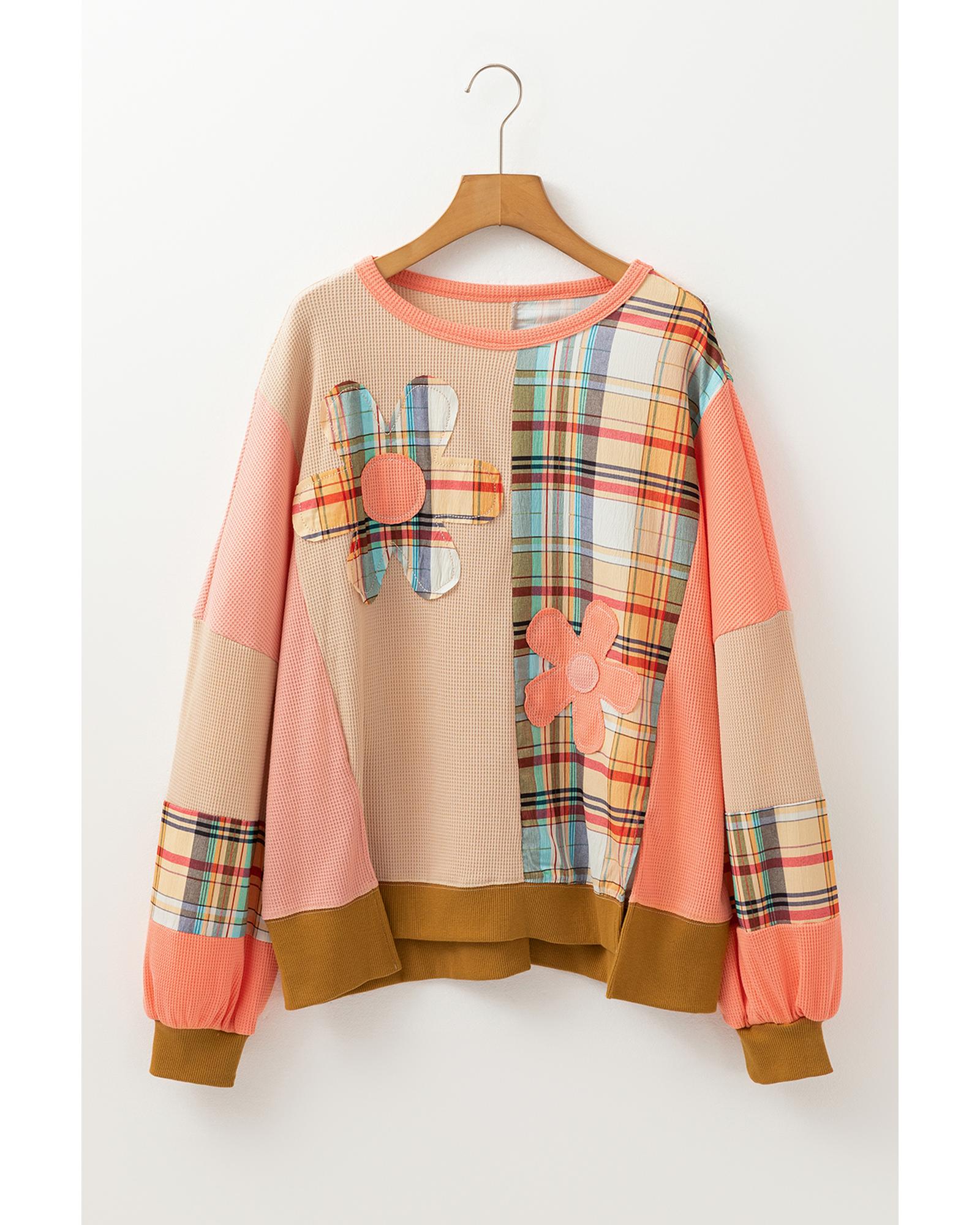 Multicolour Waffle Knit Plaid Patchwork Side Slits Loose Sweatshirt - Image 8