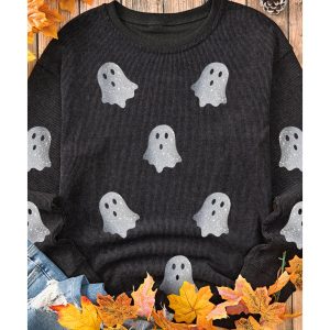 Black Halloween Ghost Corded Crew Neck Loose Sweatshirt