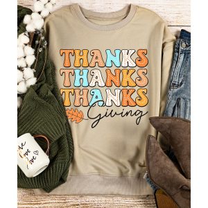 Khaki THANKS giving Leaves Printed Drop Shoulder Sweatshirt