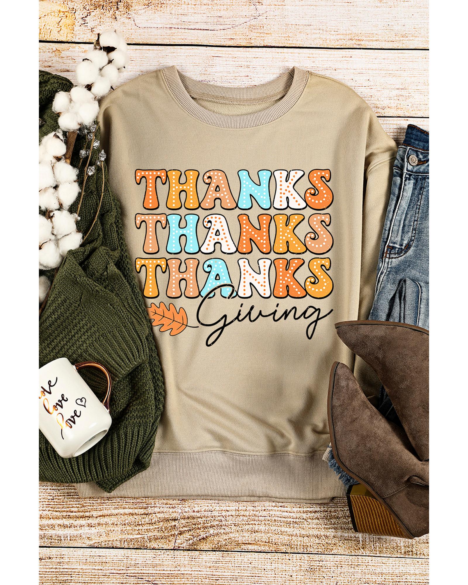 Khaki THANKS giving Leaves Printed Drop Shoulder Sweatshirt