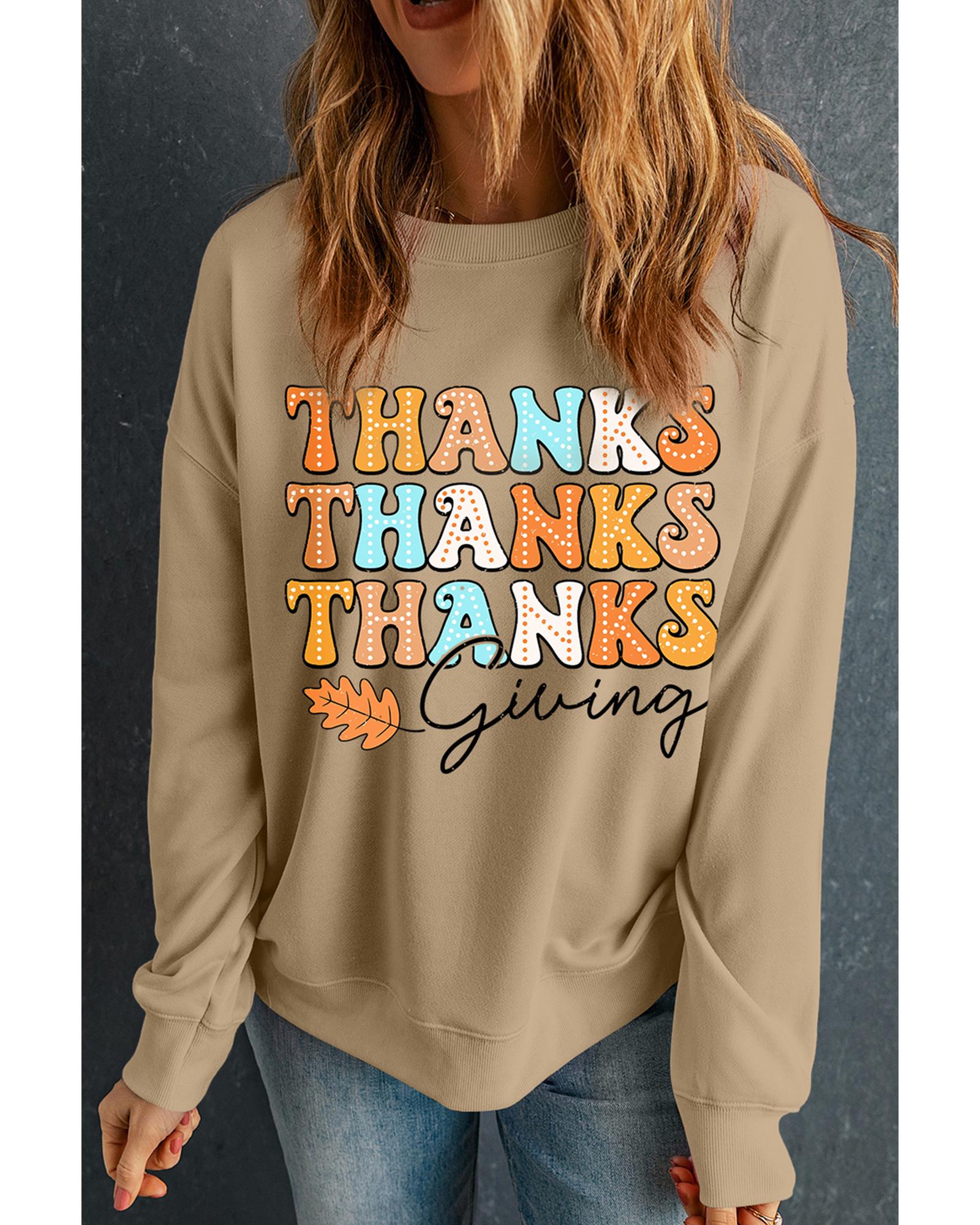 Khaki THANKS giving Leaves Printed Drop Shoulder Sweatshirt - Image 2