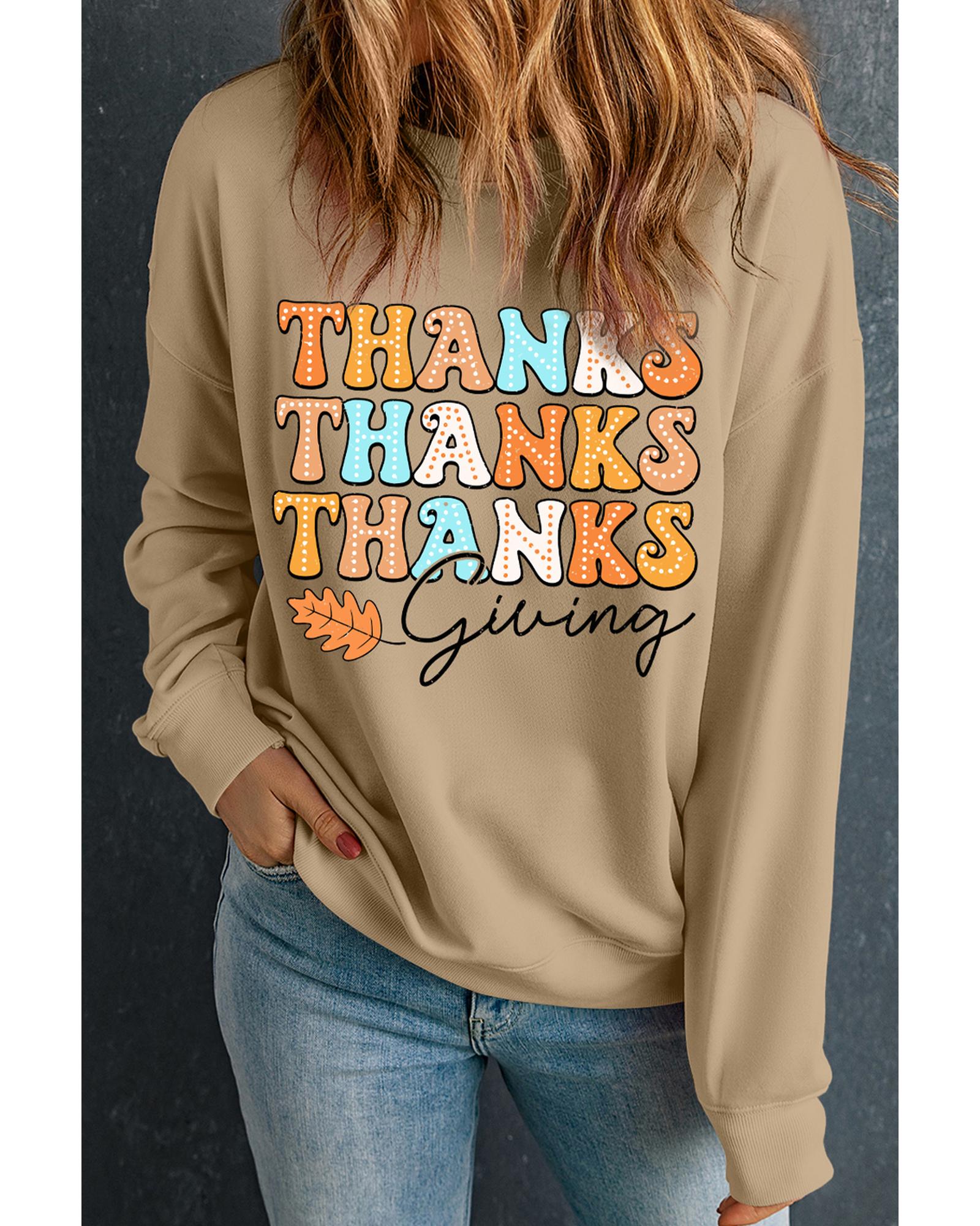 Khaki THANKS giving Leaves Printed Drop Shoulder Sweatshirt - Image 3