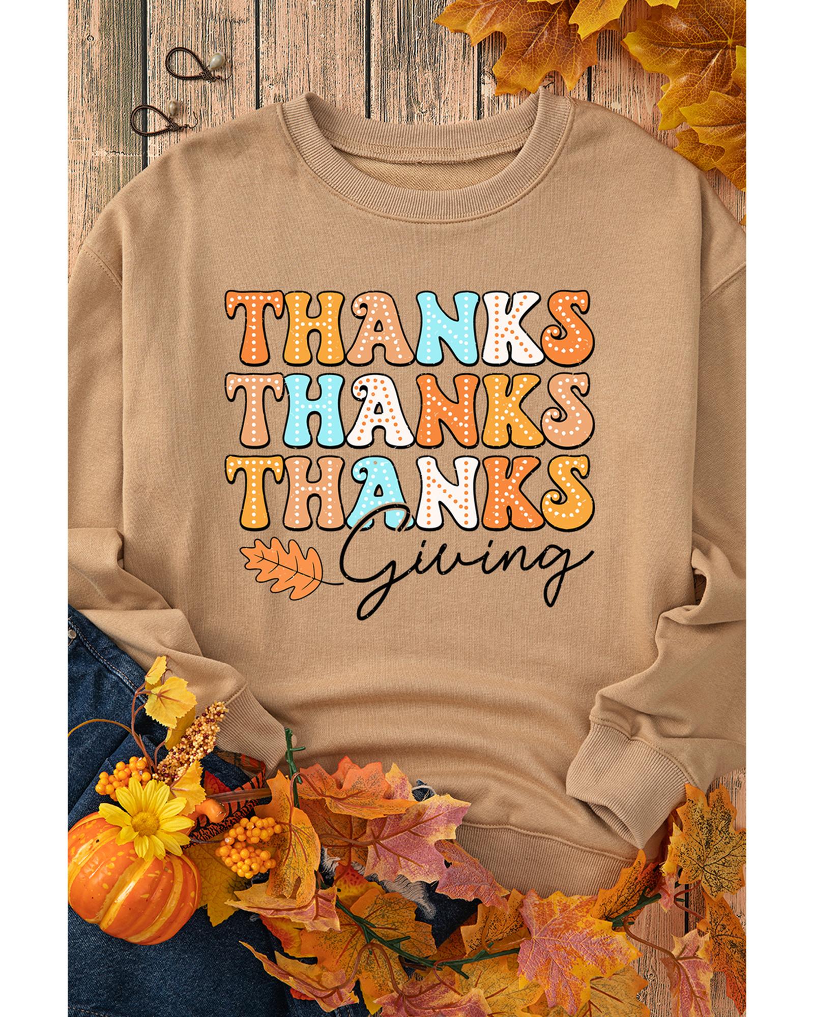 Khaki THANKS giving Leaves Printed Drop Shoulder Sweatshirt - Image 5