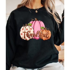 Black Pumpkin Thankful Drop Shoulder Thanksgiving Pullover Sweatshirt
