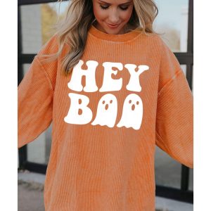 Orange Halloween Hey Boo Ghost Print Loose Sweatshirt