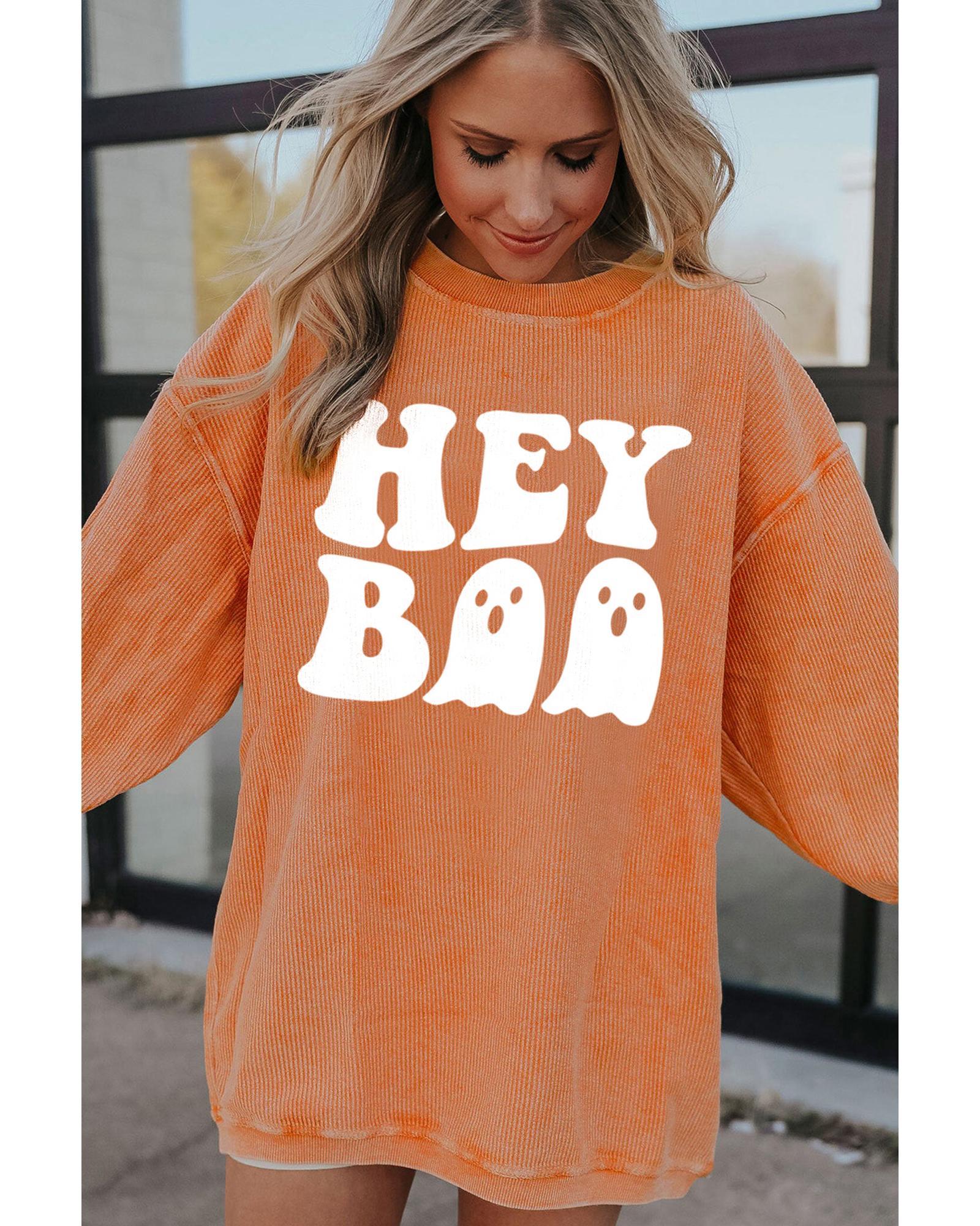 Orange Halloween Hey Boo Ghost Print Loose Sweatshirt