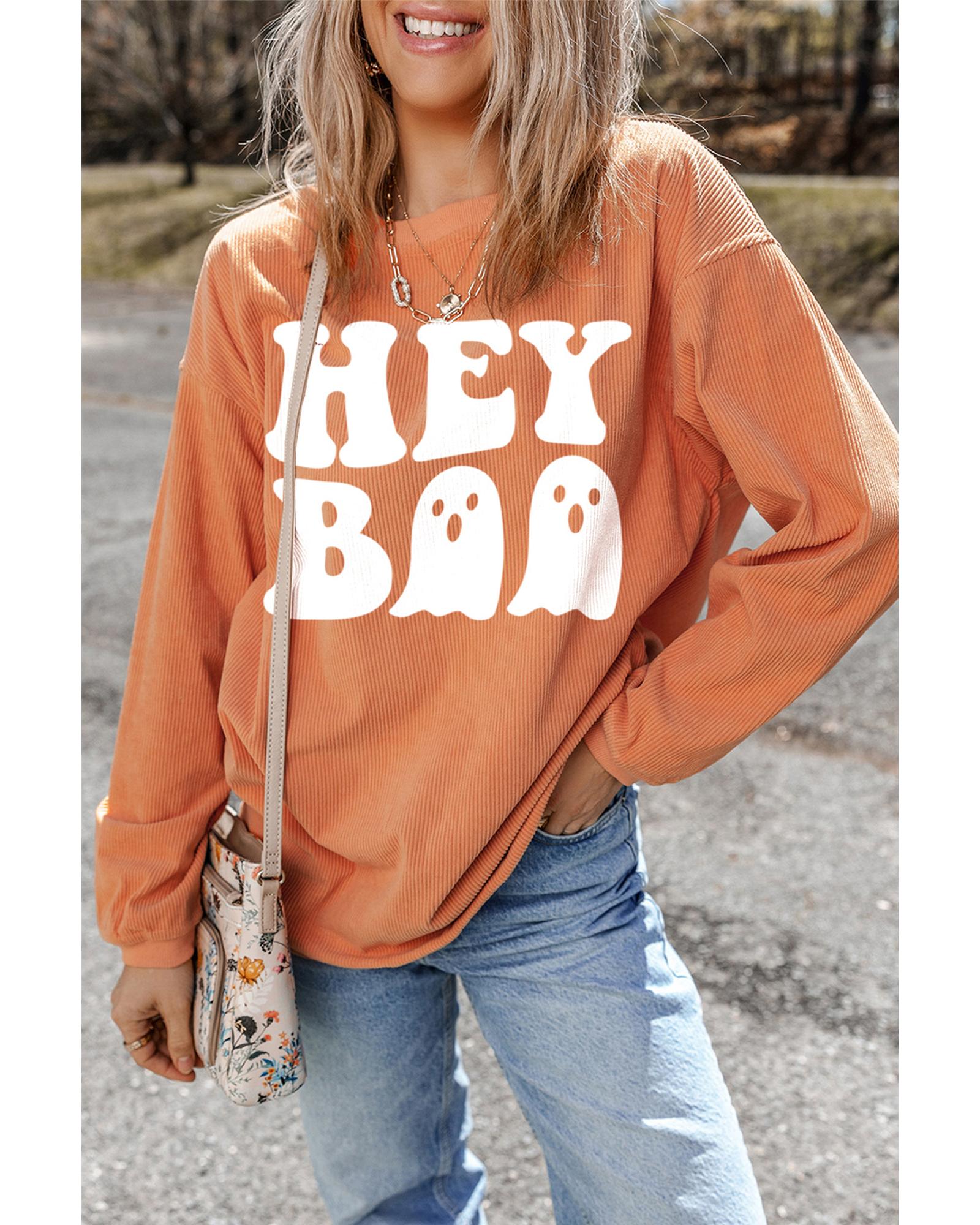 Orange Halloween Hey Boo Ghost Print Loose Sweatshirt - Image 2