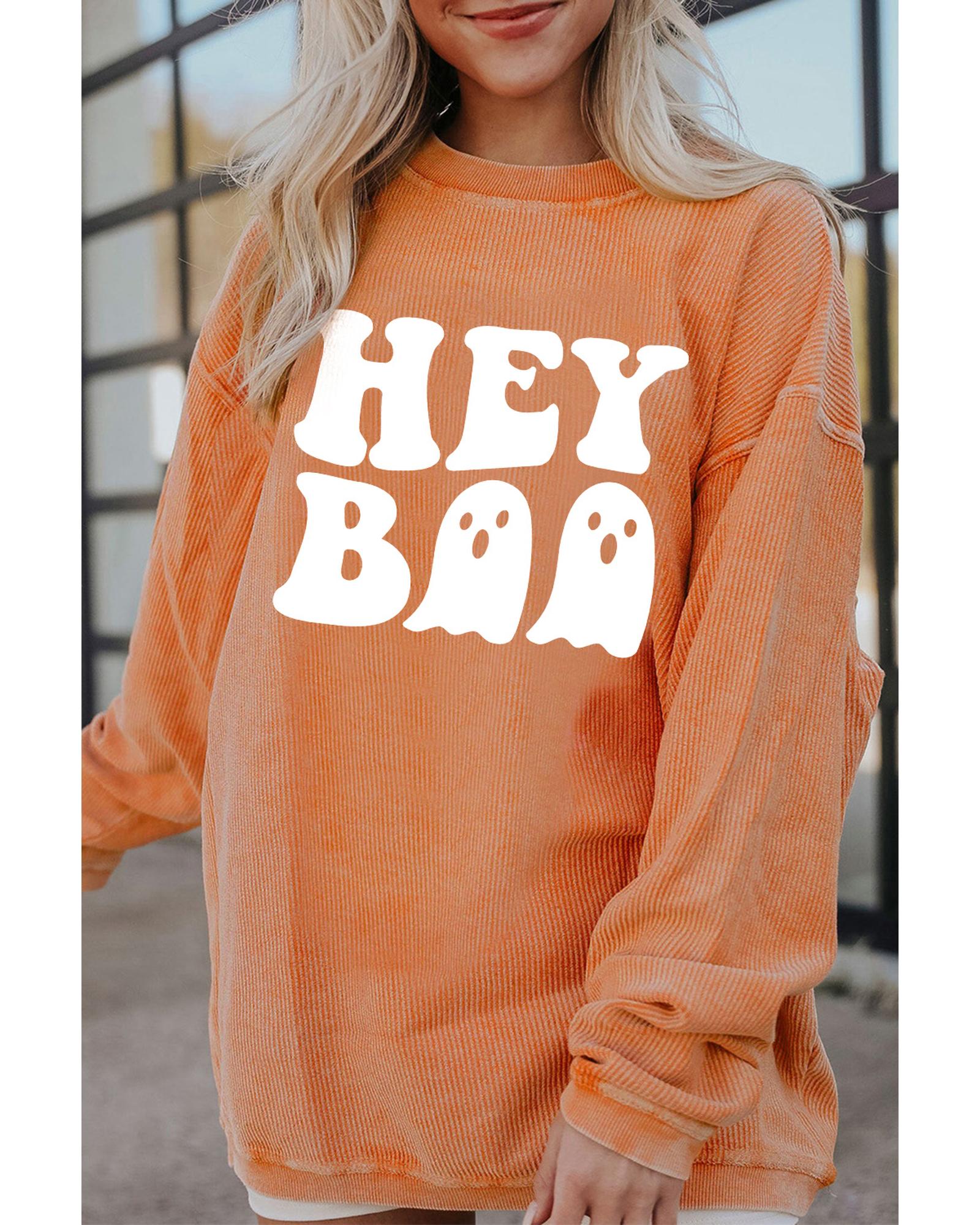 Orange Halloween Hey Boo Ghost Print Loose Sweatshirt - Image 3