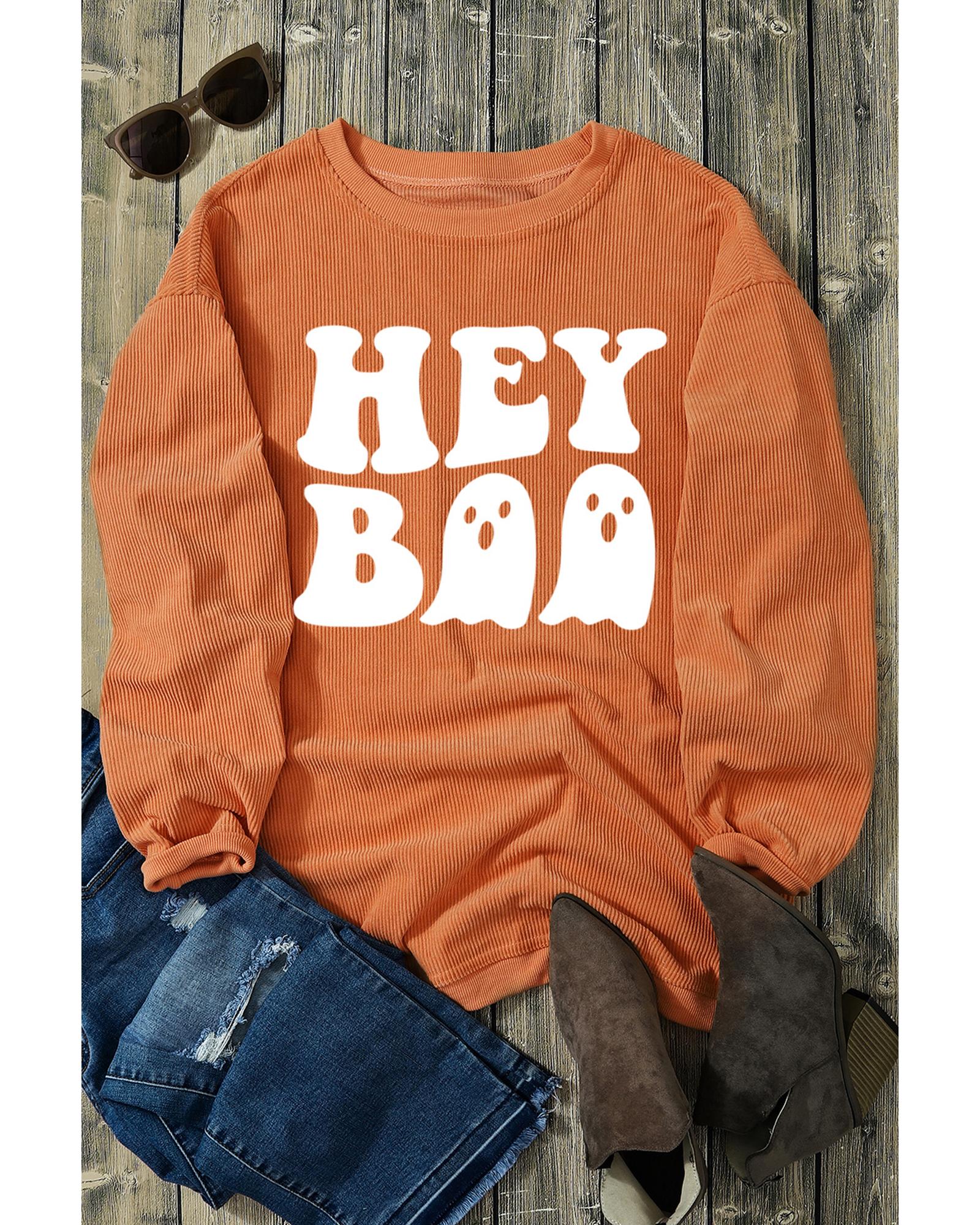 Orange Halloween Hey Boo Ghost Print Loose Sweatshirt - Image 4