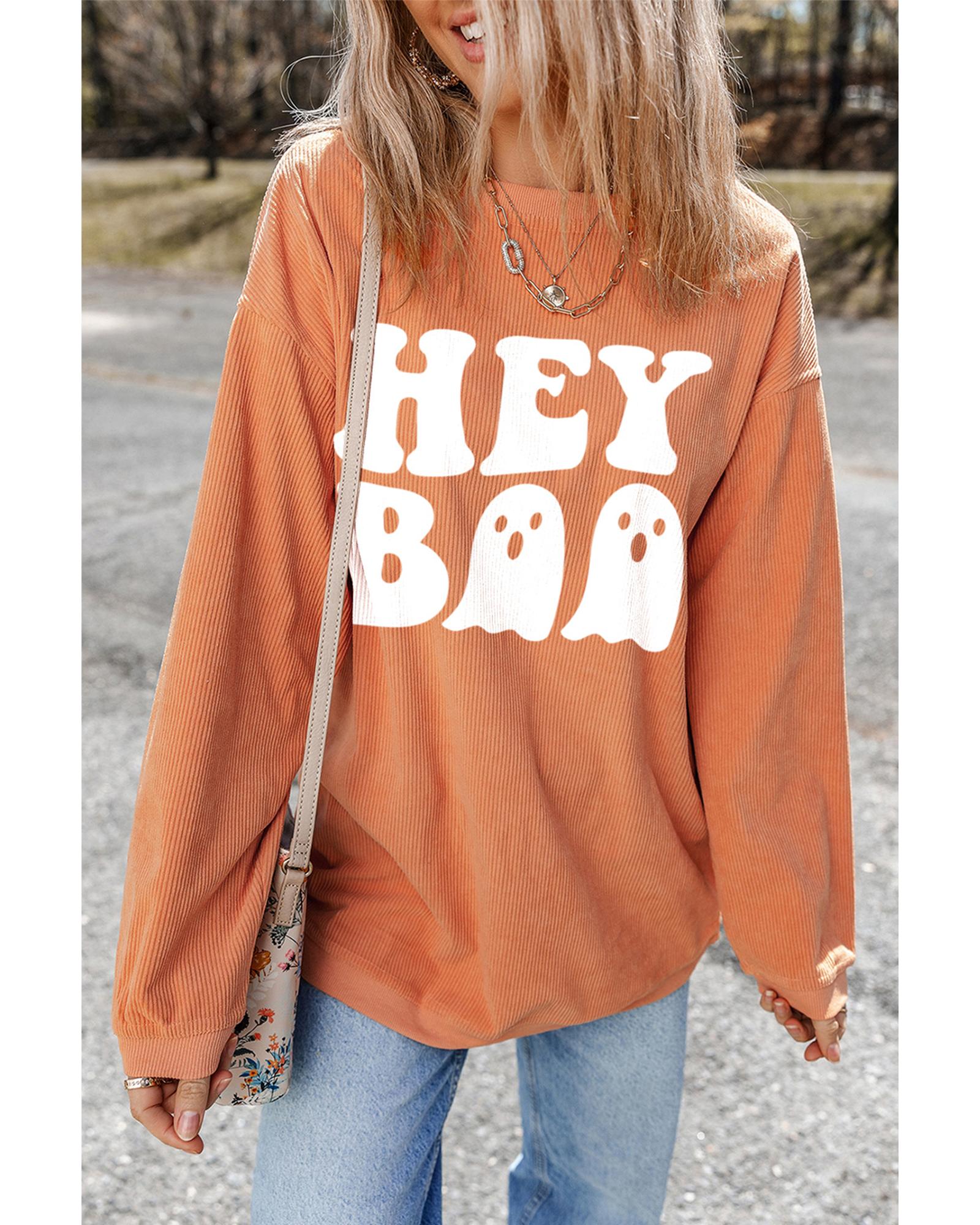 Orange Halloween Hey Boo Ghost Print Loose Sweatshirt - Image 5