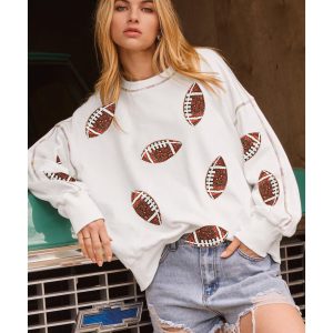 White Sequin Rugby Football Pattern Exposed Seam Game Day Sweatshirt