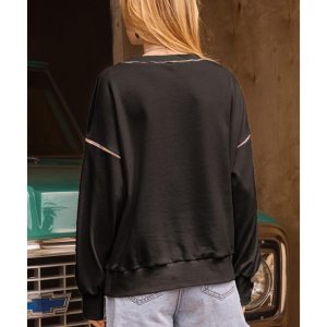 Black Sequin Pumpkin Face Graphic Exposed Seam Halloween Sweatshirt