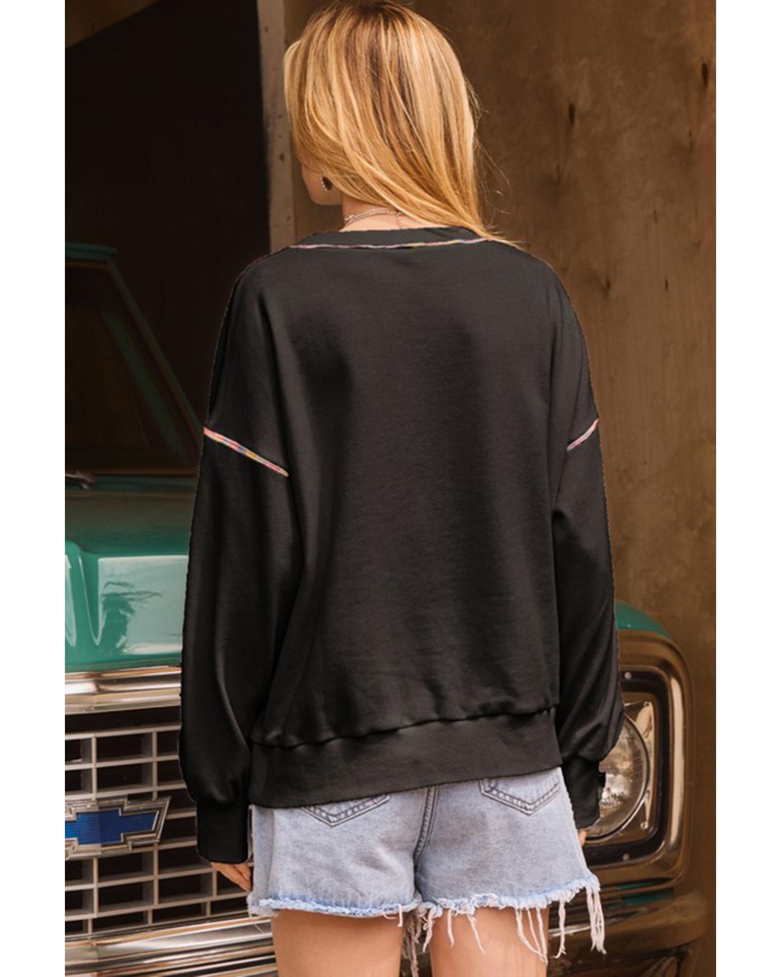 Black Sequin Pumpkin Face Graphic Exposed Seam Halloween Sweatshirt