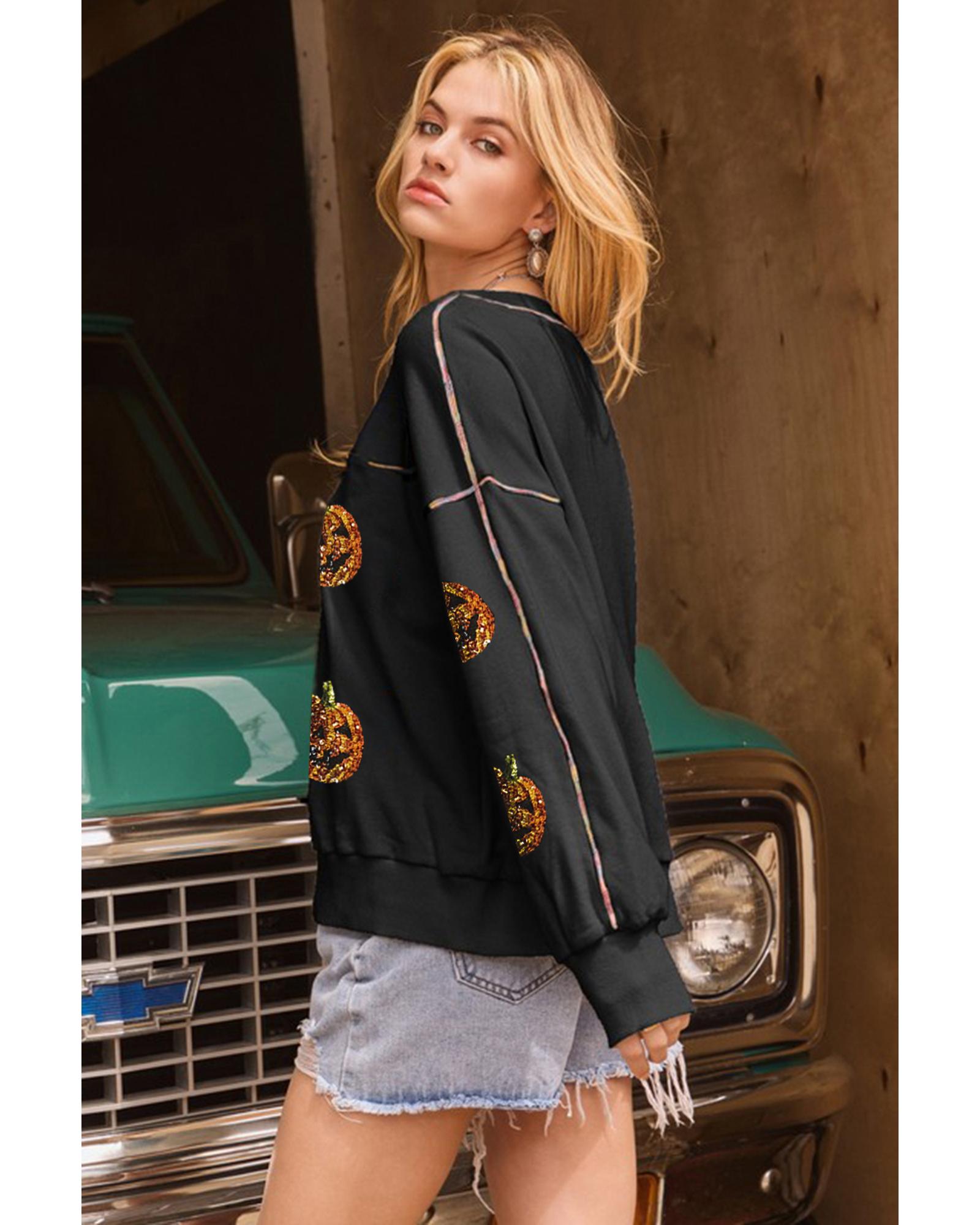 Black Sequin Pumpkin Face Graphic Exposed Seam Halloween Sweatshirt - Image 2