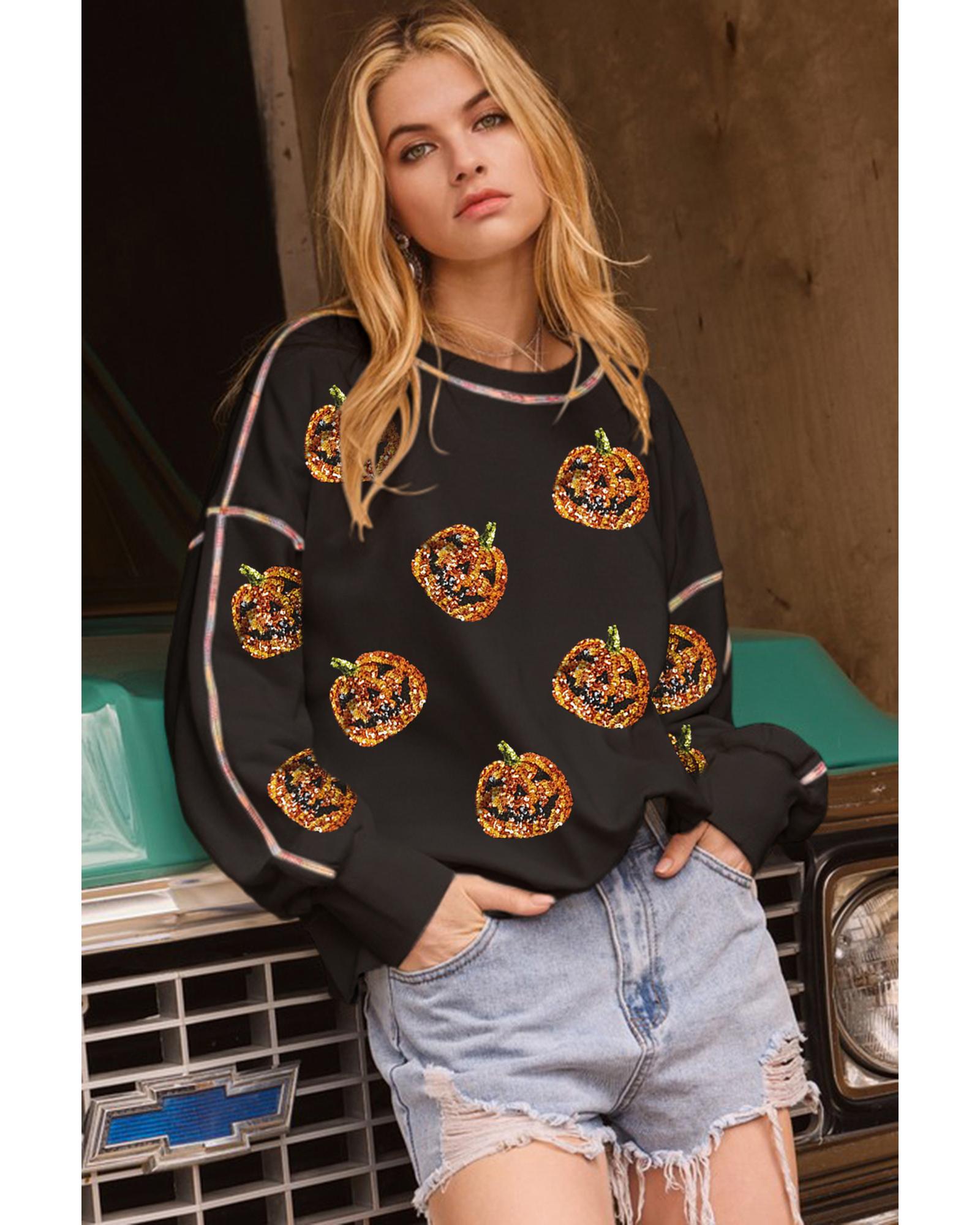 Black Sequin Pumpkin Face Graphic Exposed Seam Halloween Sweatshirt - Image 3