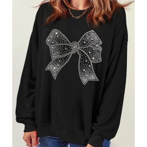 Black Rhinestone Bowknot Graphic Crewneck Pullover Sweatshirt