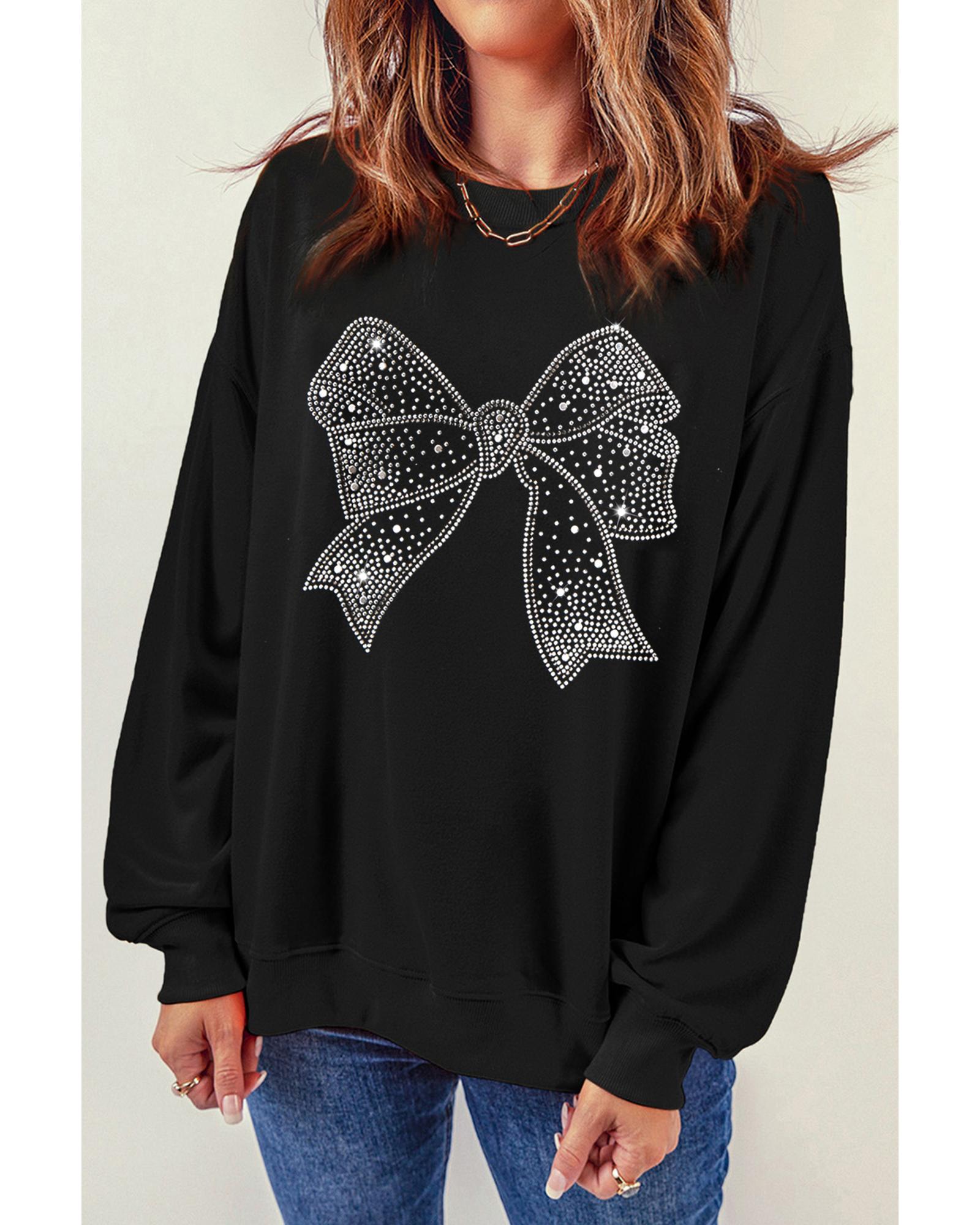 Black Rhinestone Bowknot Graphic Crewneck Pullover Sweatshirt