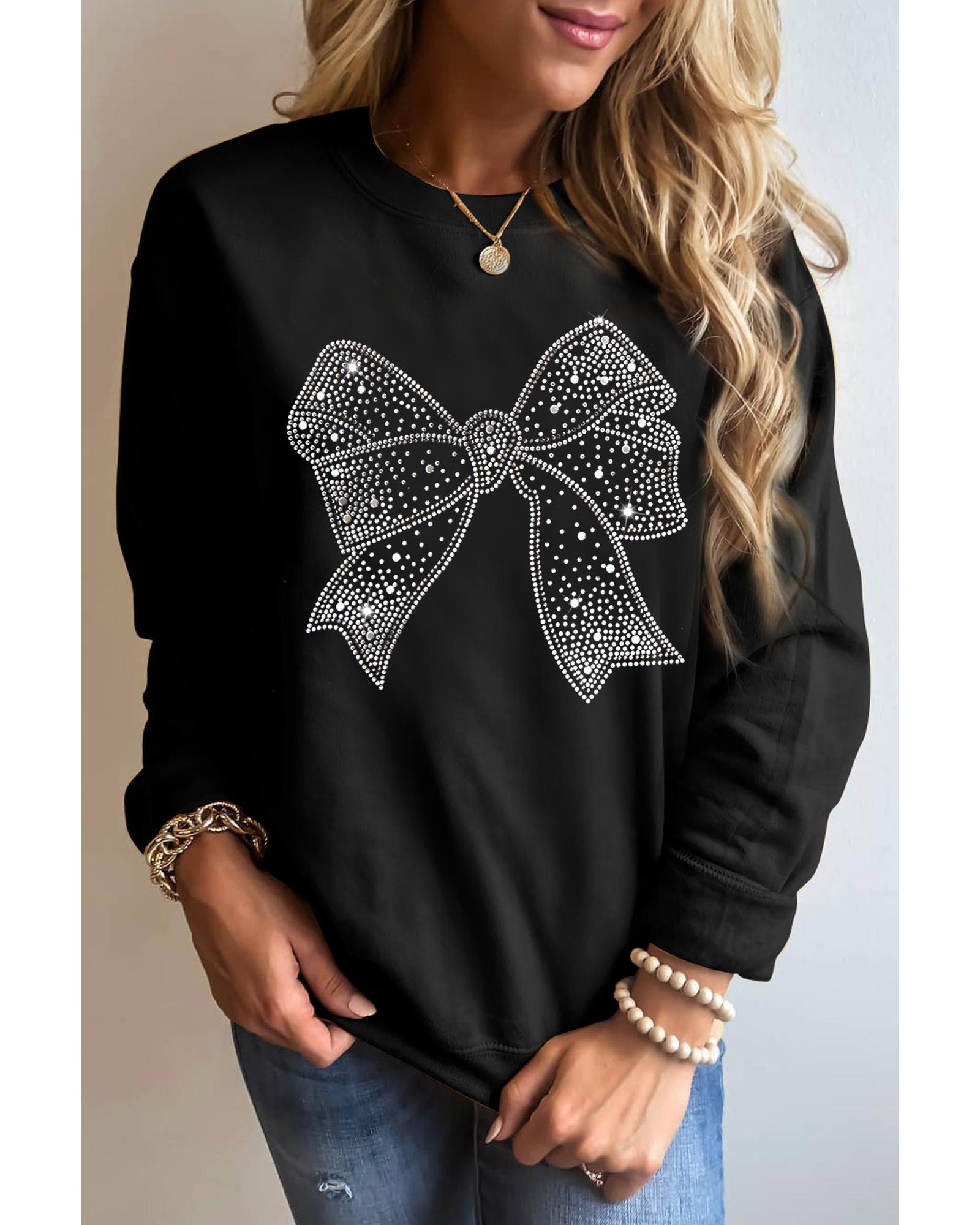 Black Rhinestone Bowknot Graphic Crewneck Pullover Sweatshirt - Image 2