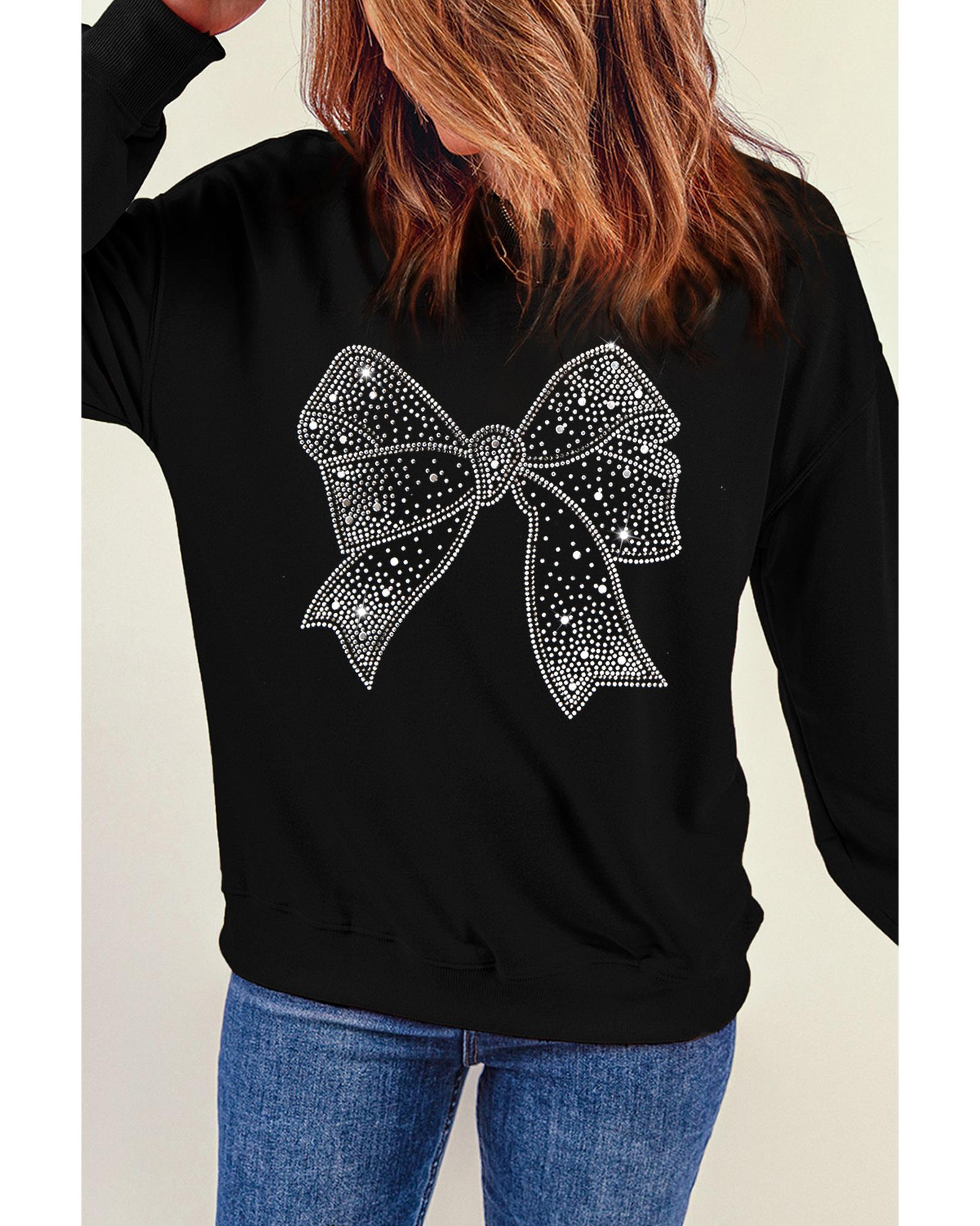Black Rhinestone Bowknot Graphic Crewneck Pullover Sweatshirt - Image 3