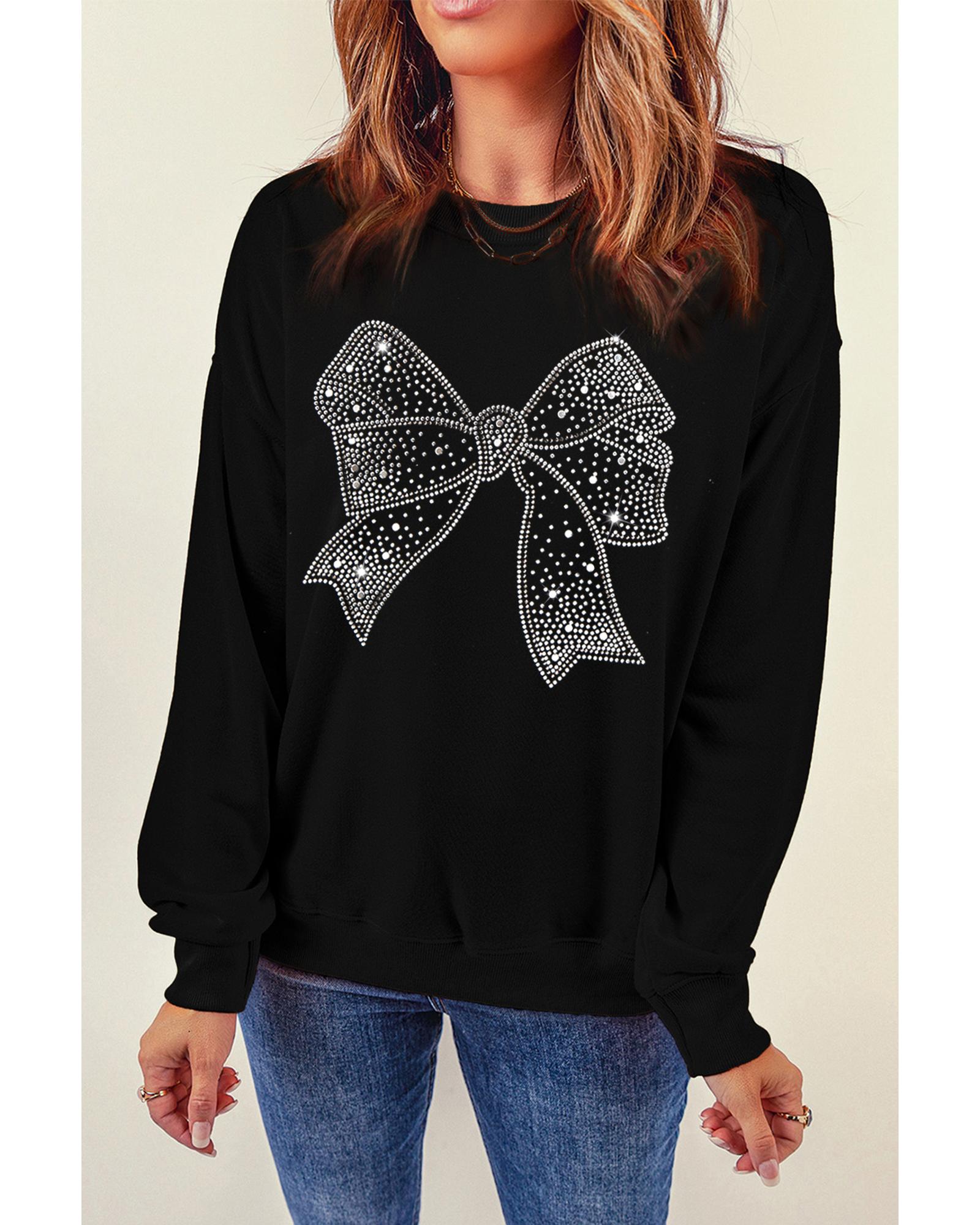 Black Rhinestone Bowknot Graphic Crewneck Pullover Sweatshirt - Image 5