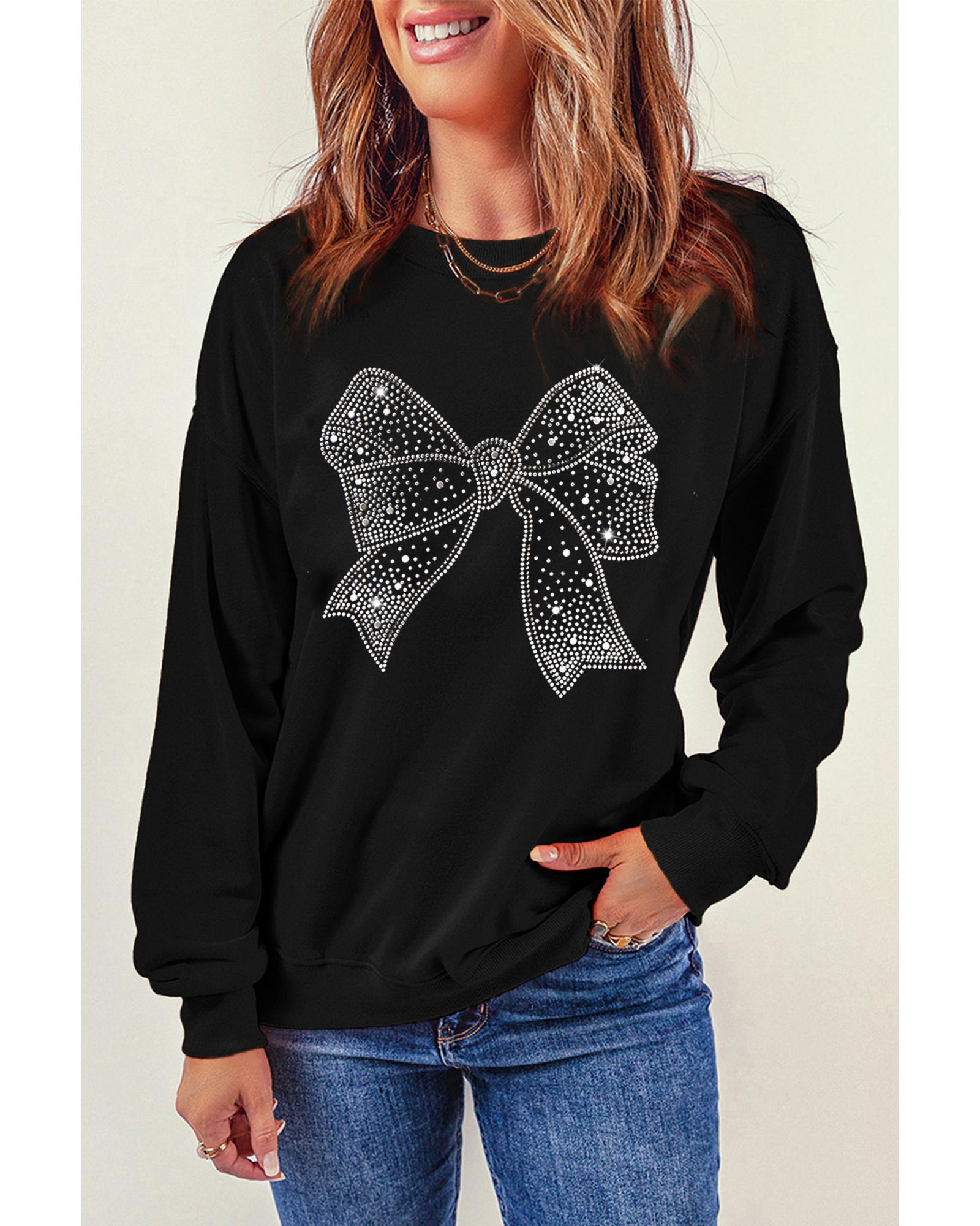 Black Rhinestone Bowknot Graphic Crewneck Pullover Sweatshirt - Image 6